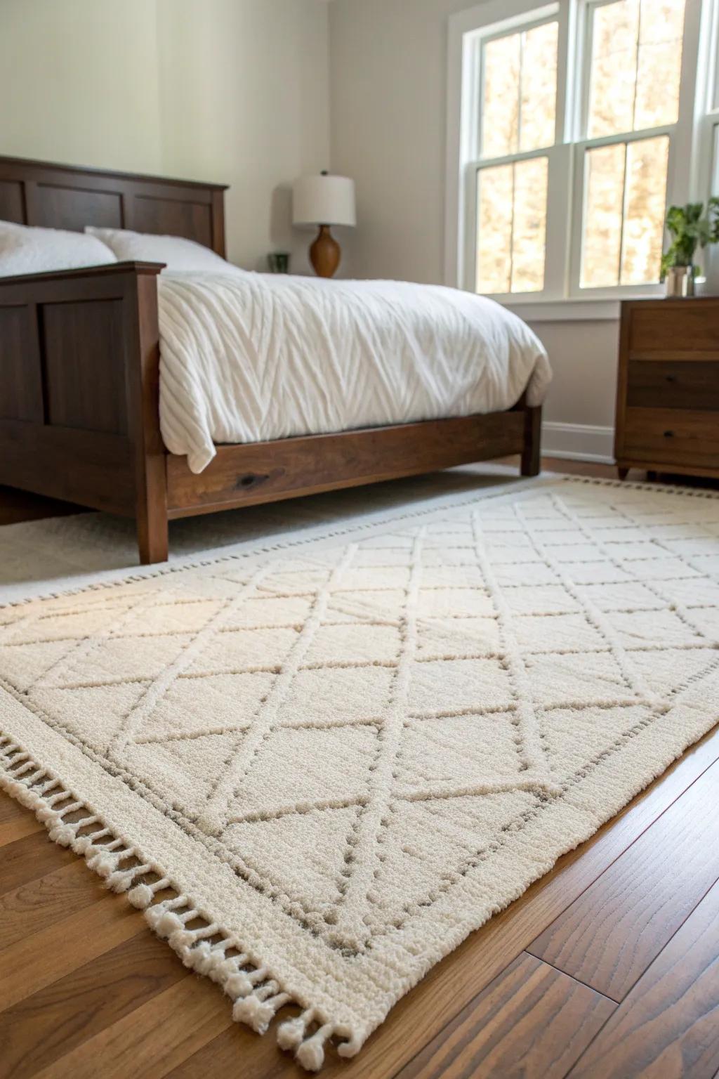 An airy ivory rug makes a dark walnut bed feel lighter—almost like it’s floating.