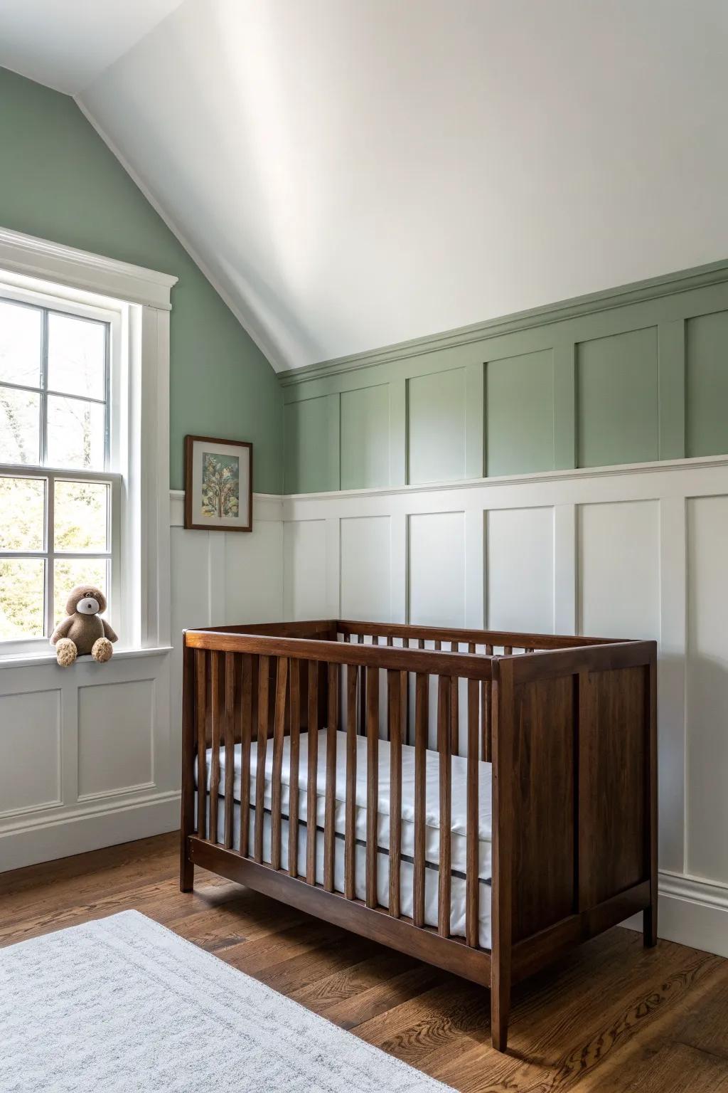 Dark brown crib + white board-and-batten with muted sage walls—minimal, cozy, timeless.