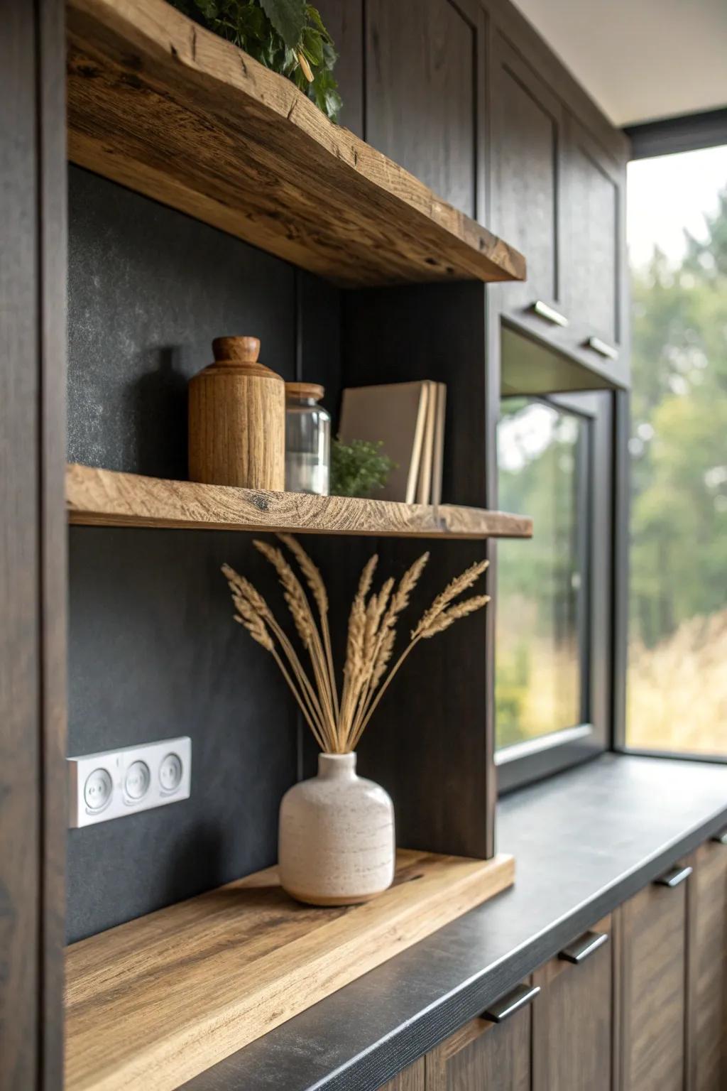Warm reclaimed wood open shelf softens dark cabinets with cozy, minimalist contrast.