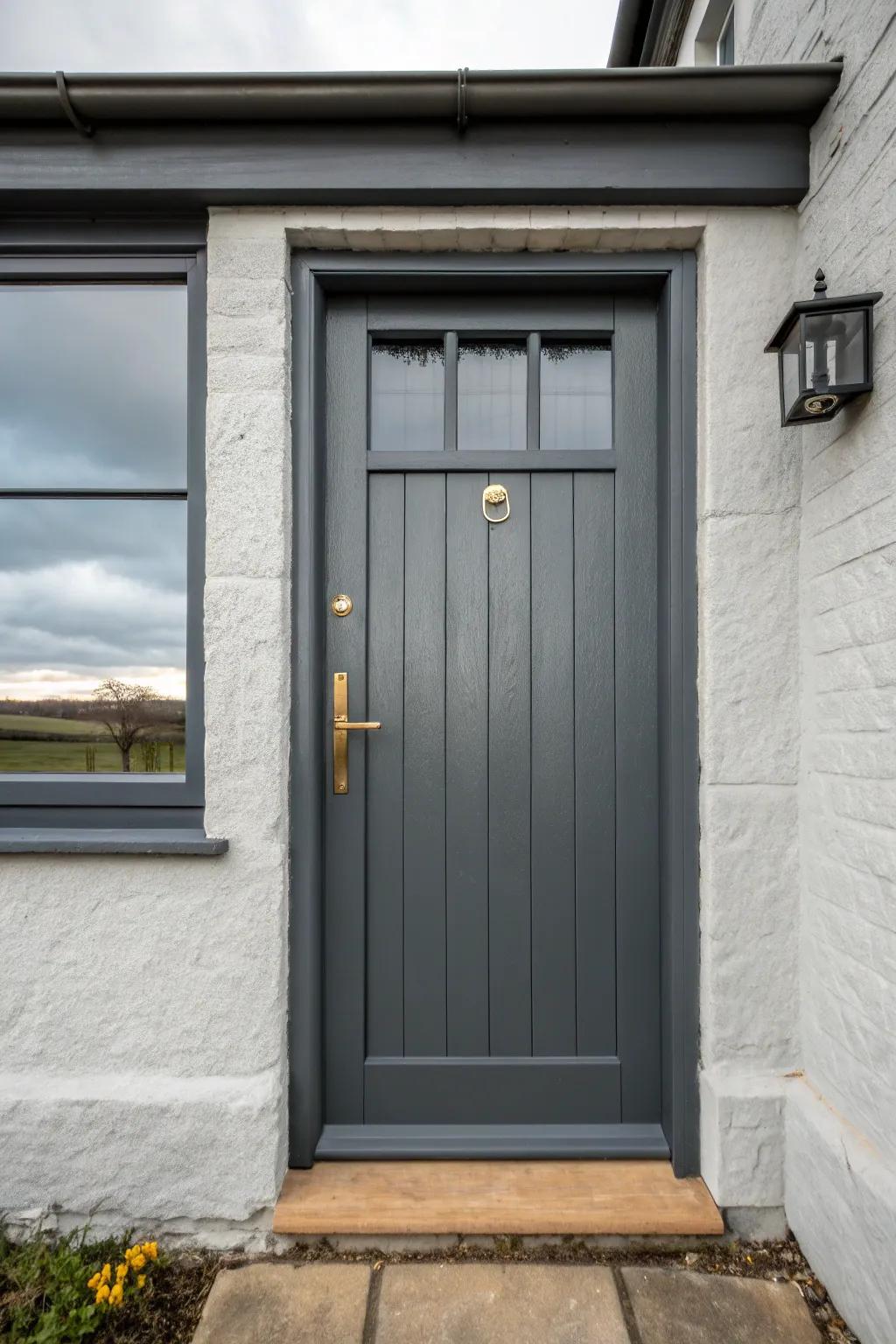 Charcoal gray tone-on-tone: a handcrafted wood door that looks designed, never accidental.
