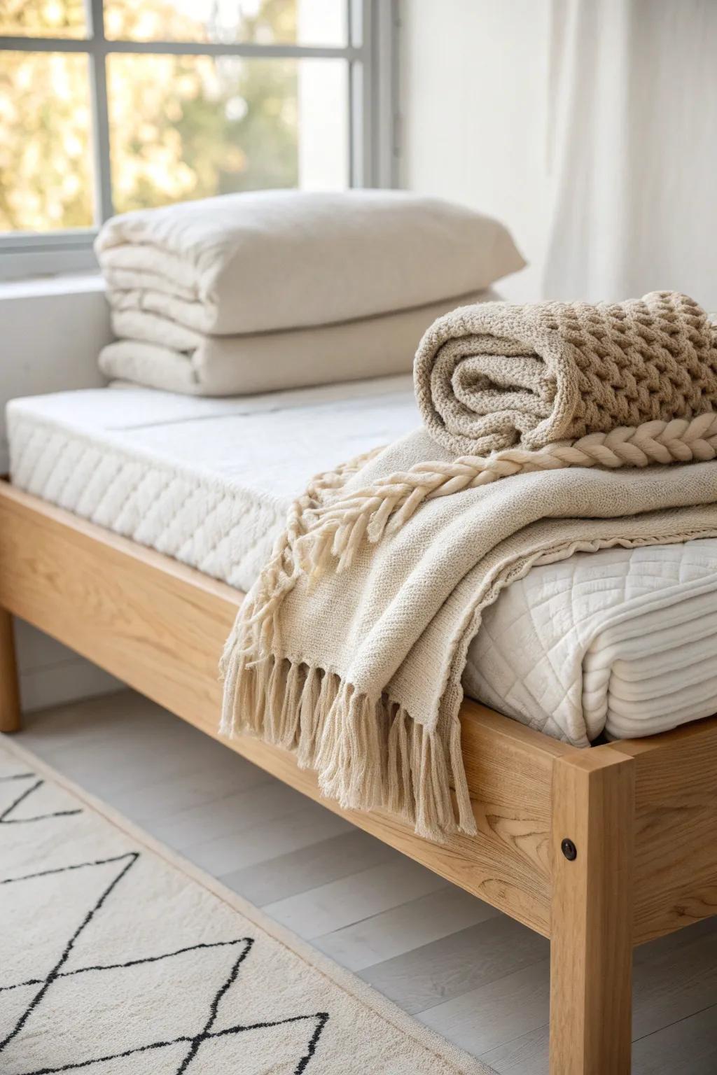 Chunky knit + quilt at the foot of a daybed—simple textures that make it feel luxe.