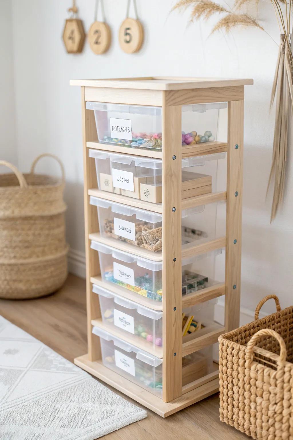 Uniform clear-lidded bins in a handmade oak stack—see what’s missing fast, no lid chaos.