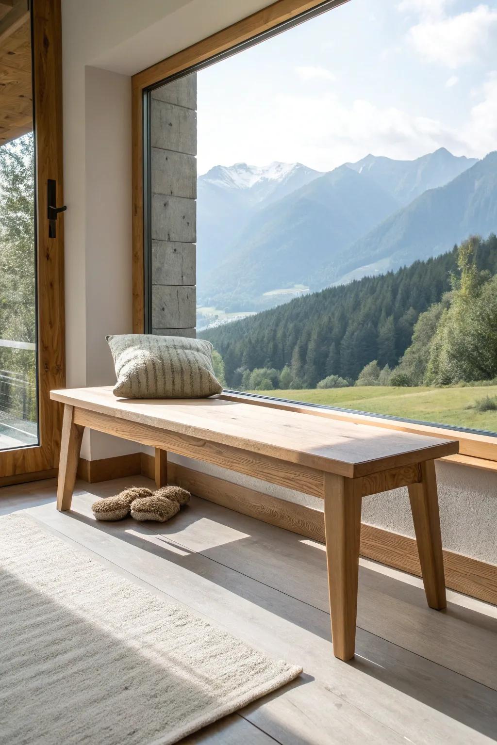 A handcrafted oak bench keeps the window wall clean—so the mountains become the art.