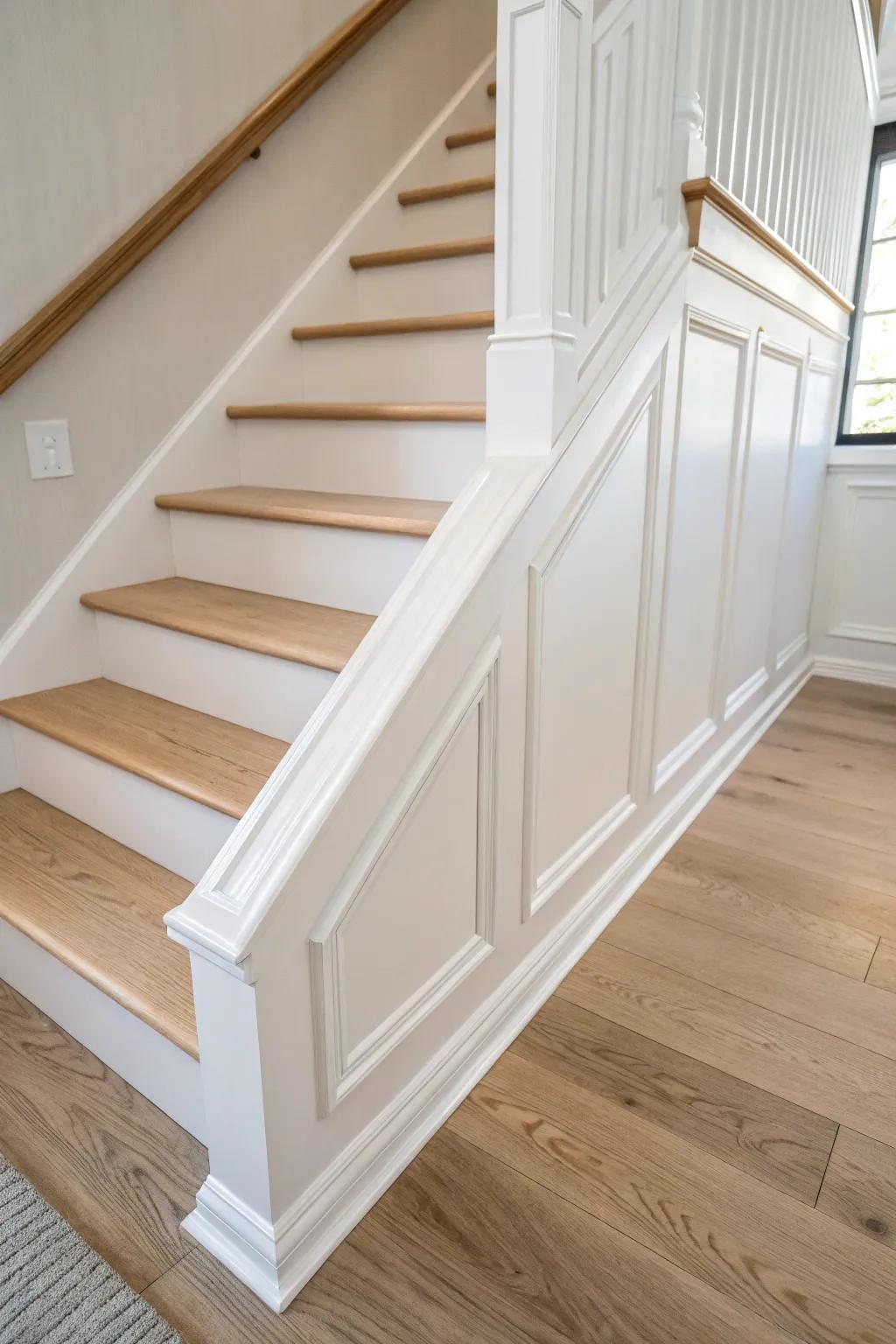 Wainscoting-style panel molding on a stair stringer for instant old-house charm—no bulk.