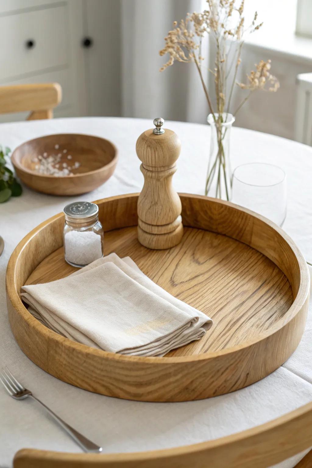 Everyday essentials, beautifully corralled—oak tray with salt, pepper, napkins and a tiny vase.