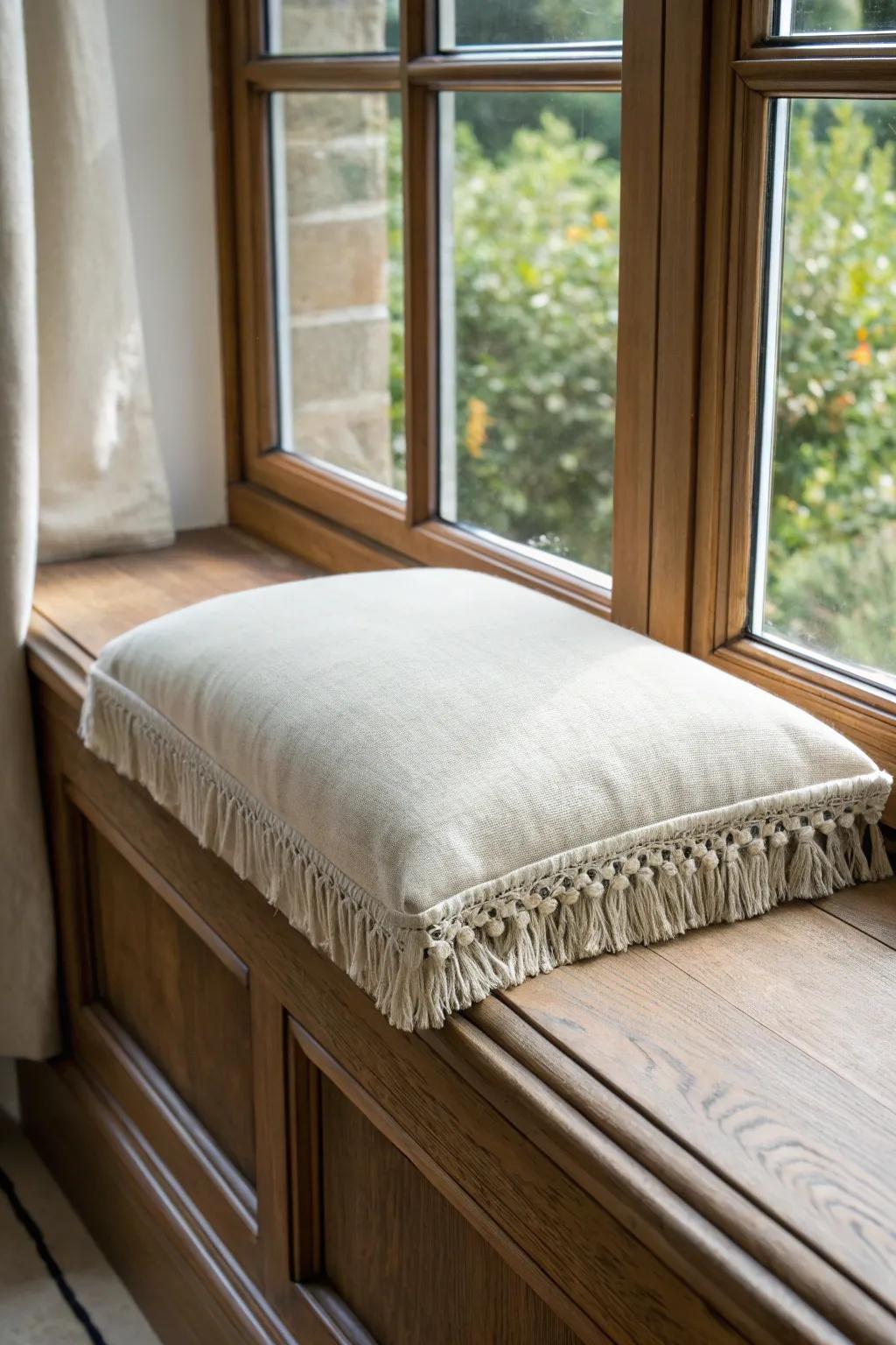 A fitted linen cushion turns a deep wood sill into the coziest little window seat.