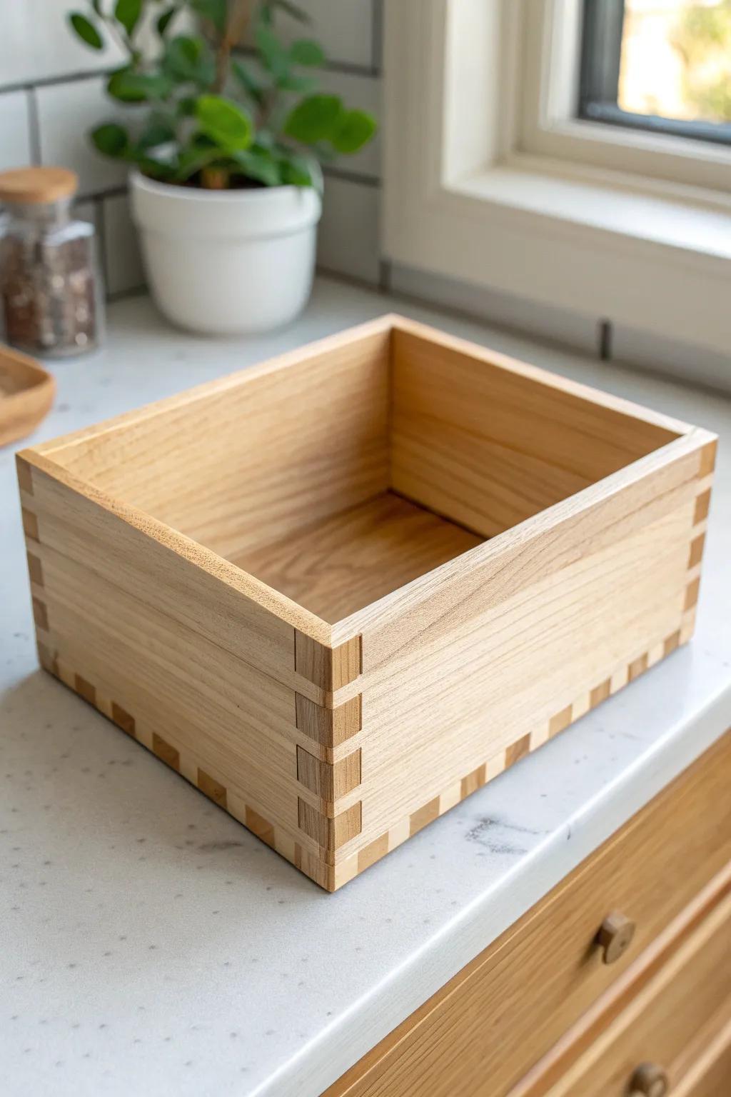 Crisp maple box‑joint catchall—low, wide, and minimal for a calm, modern desk.