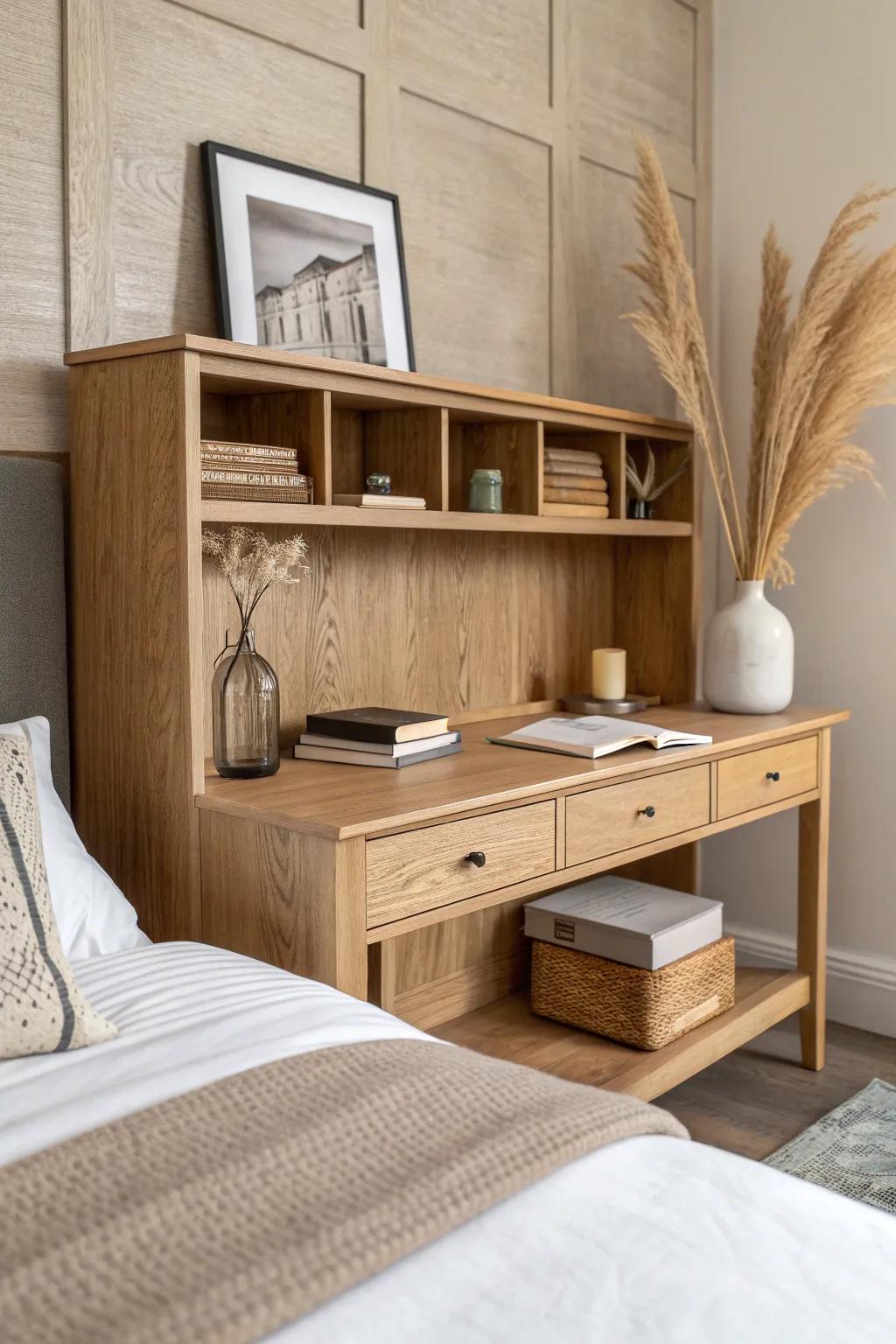 A seamless headboard-divider with a built-in desk—one calm, grain-matched statement piece.