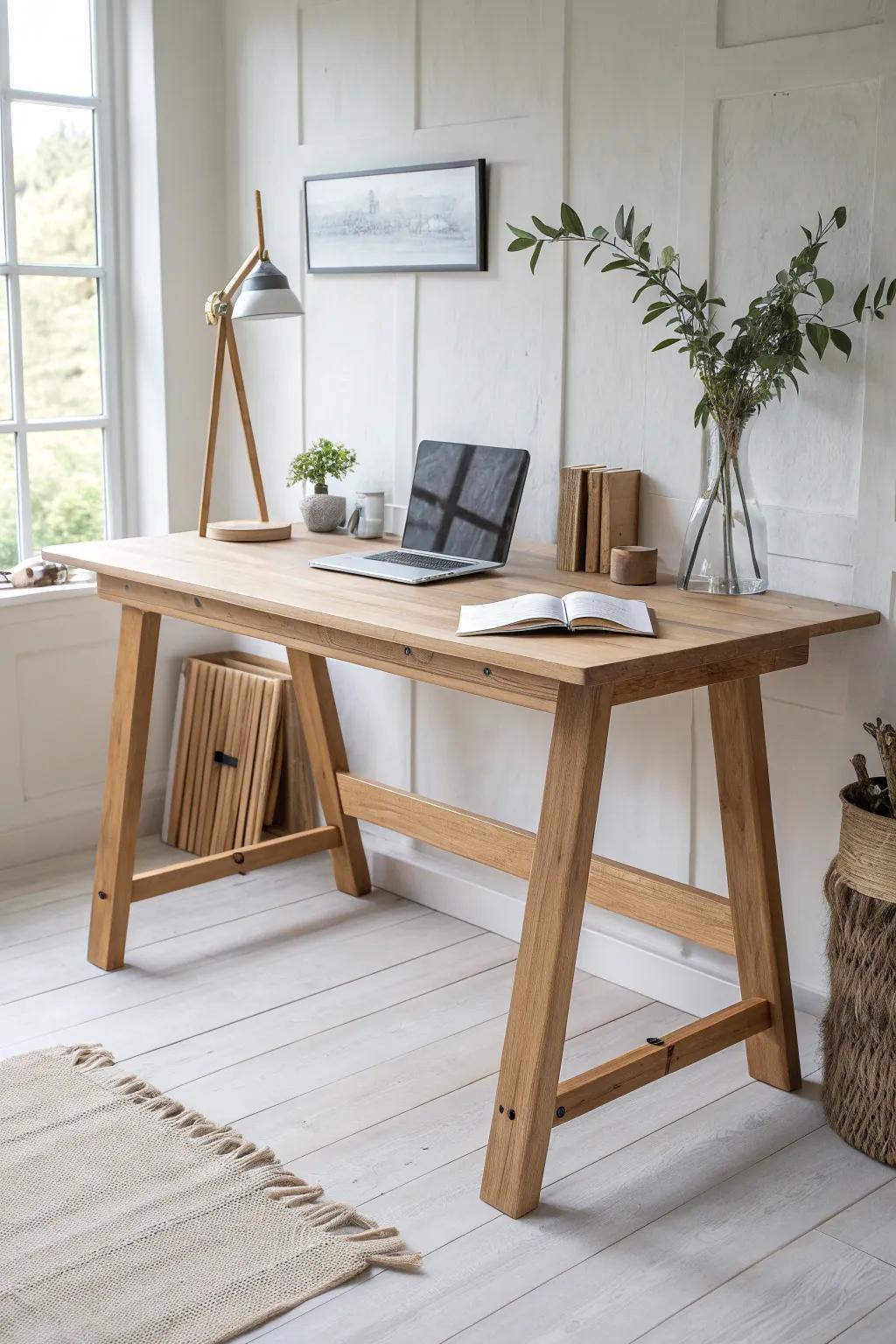 Farmhouse trestle desk with a low stretcher rail—sturdy, airy, and beautifully minimal.