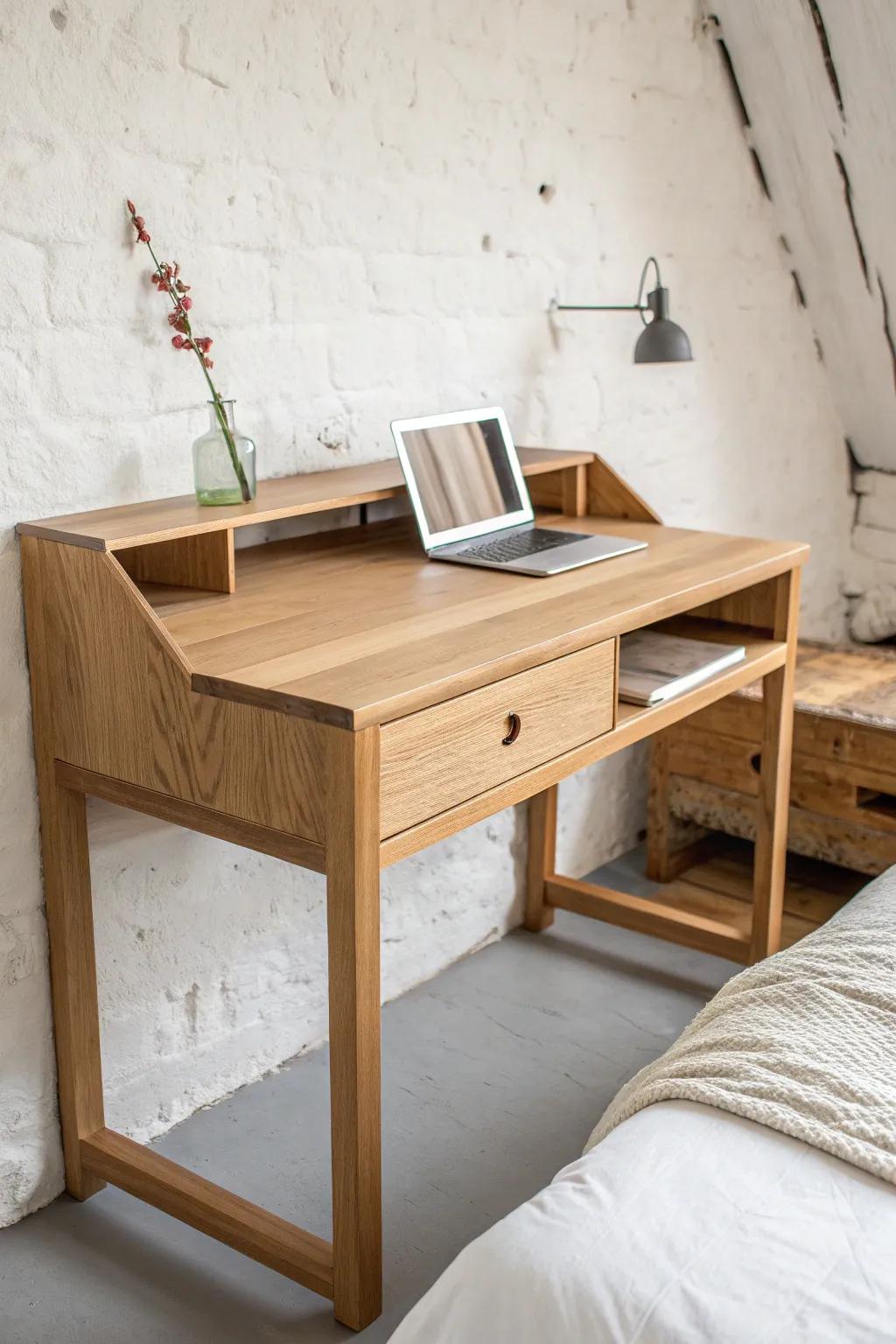 Light oak floating wall desk with chunky cleats—bedroom-friendly, airy, and beautifully minimal.