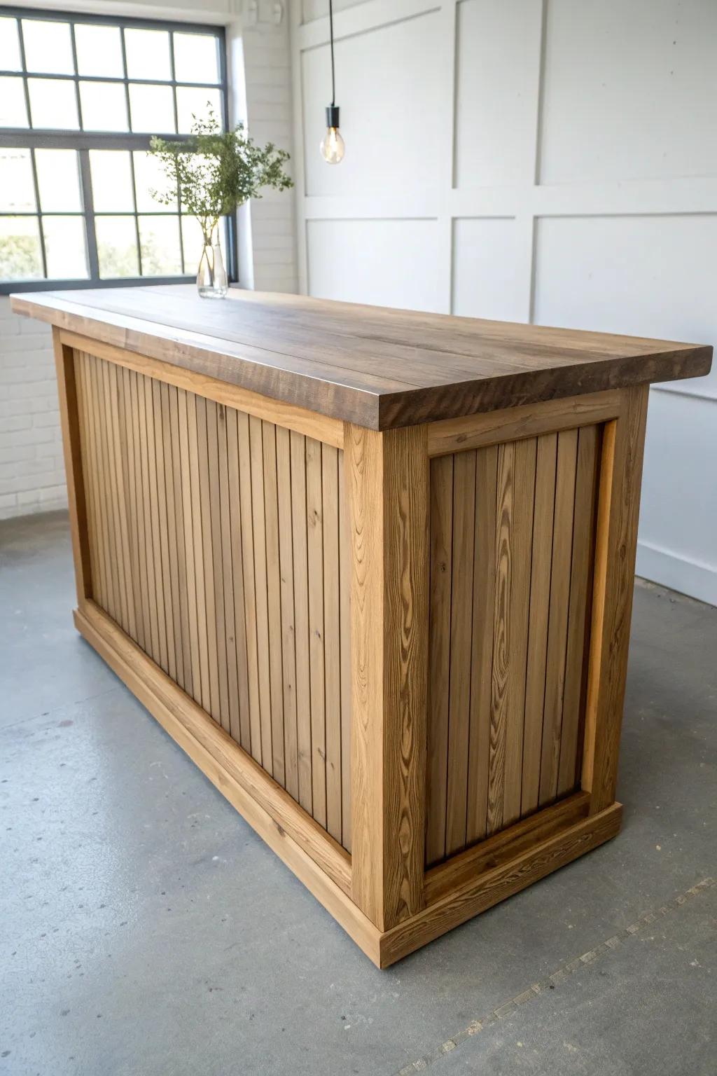 DIY workbench-turned bar: chunky wood top, brass foot rail, and clean Scandinavian lines.