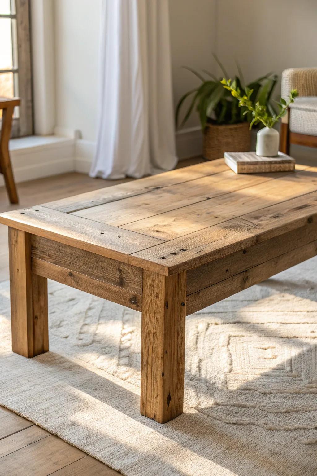 A reclaimed-wood coffee table that turns a former dining room into a cozy keeping-room lounge.