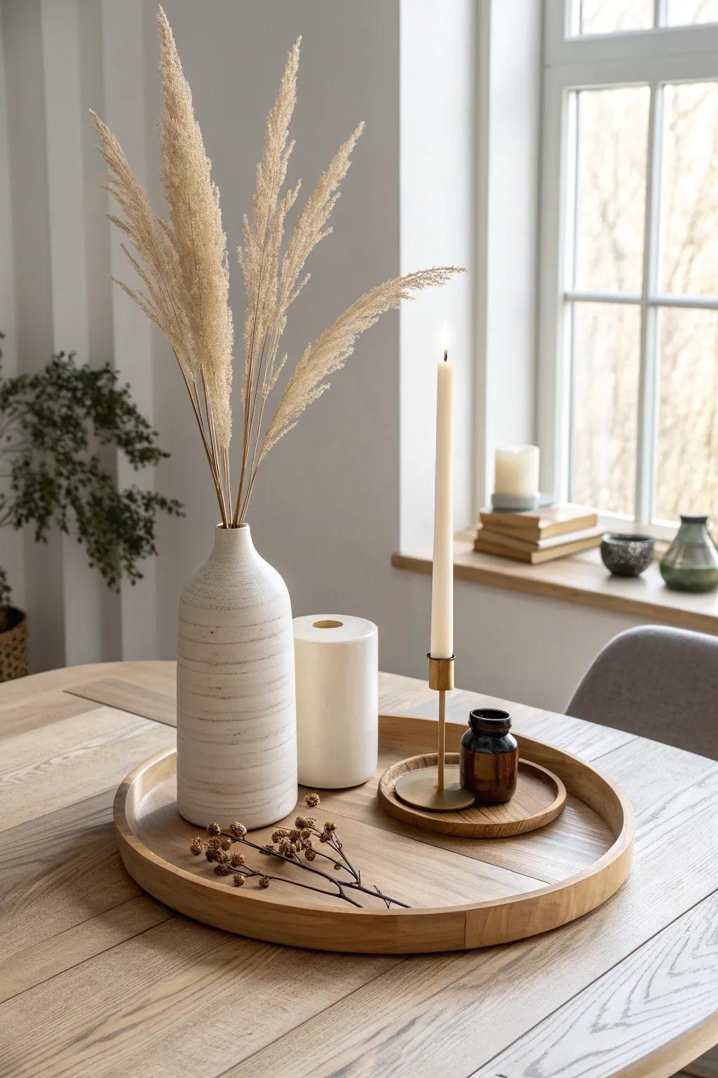 A fail-proof tray trio: tall vase, soft candle, and one small accent—simple, balanced, chic.