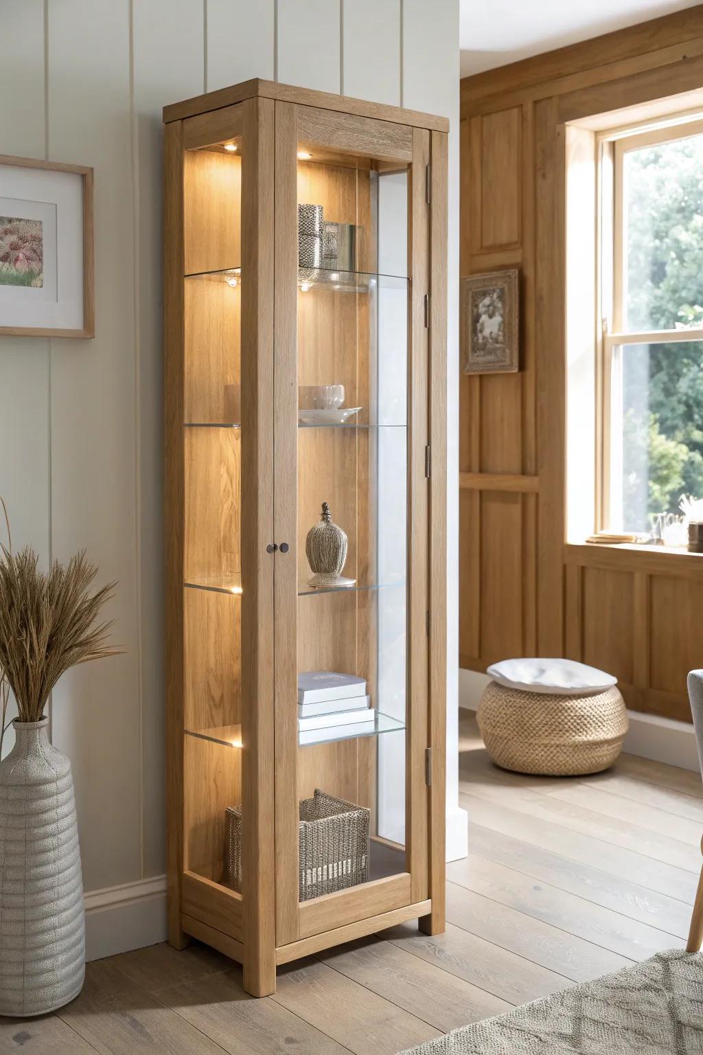 Vertical side light bars brighten every shelf evenly—no dark corners, just warm oak glow.