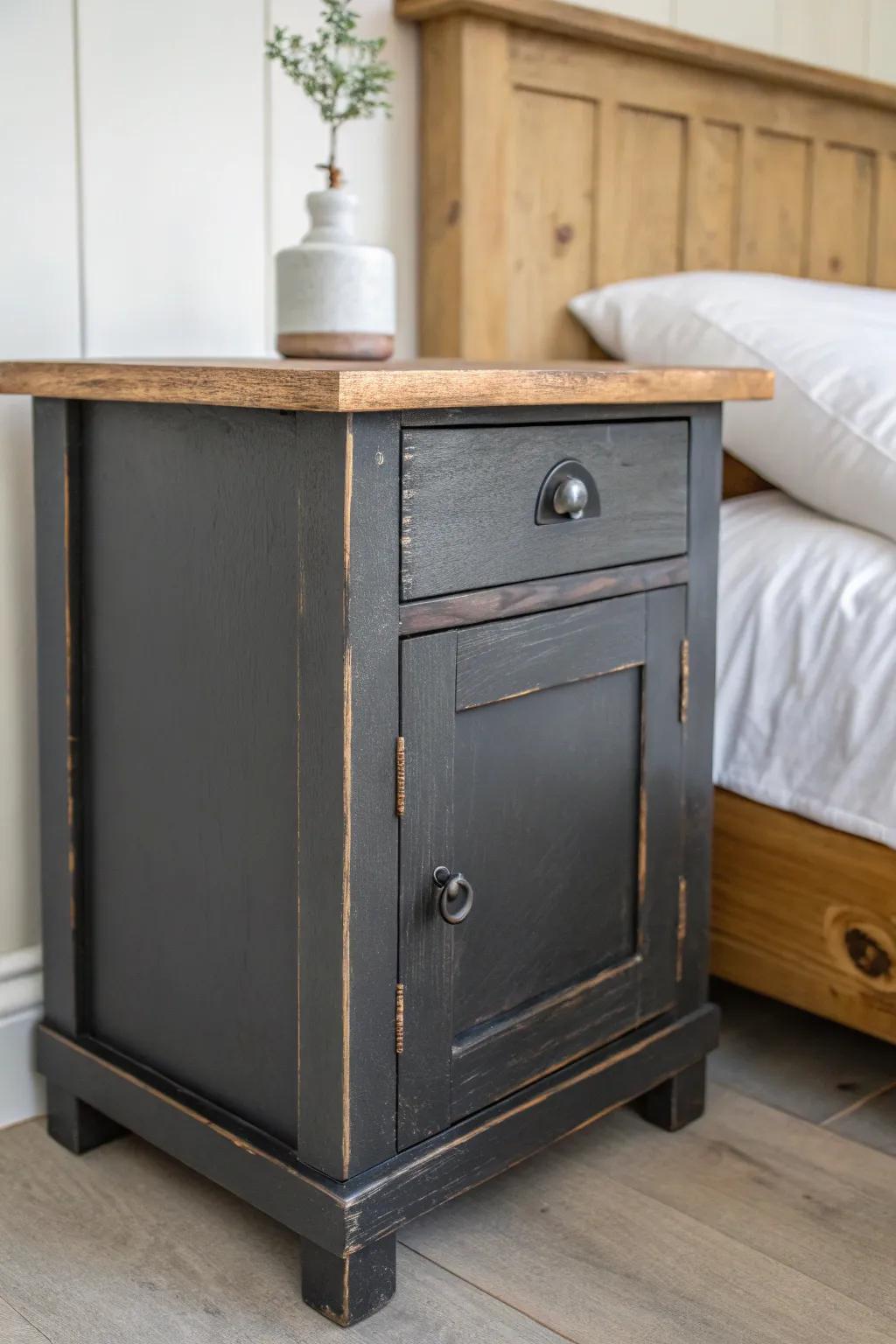 Moody charcoal nightstand with softly rubbed edges—instant vintage drama in a calm, modern bedroom.