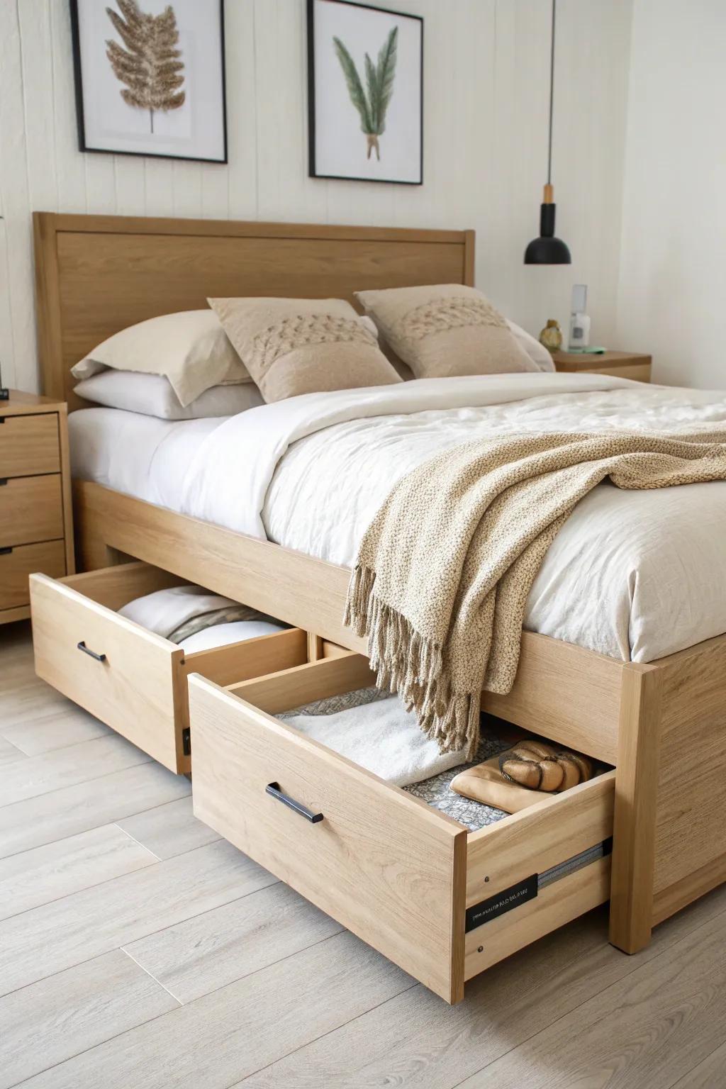 DIY storage bed with smooth under-bed drawers—minimal oak craftsmanship for small bedrooms.