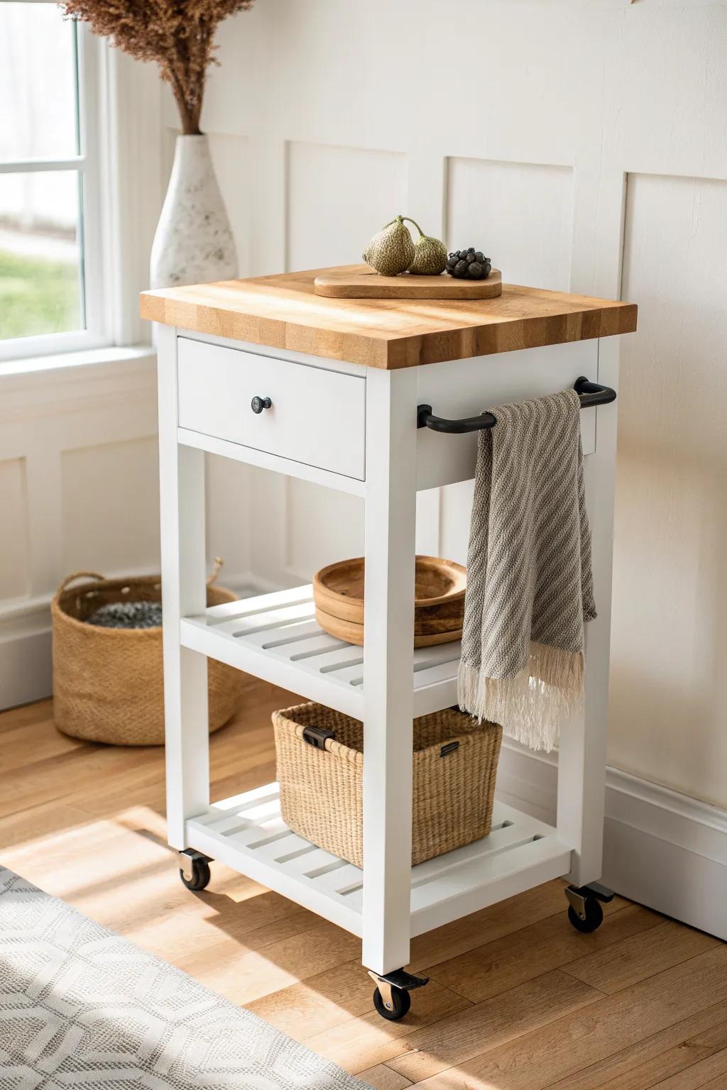 A rolling butcher block prep cart—warm wood, sleek lines, and casters made for move-anywhere cooking.