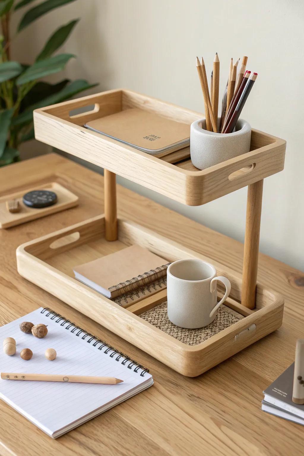 A minimal tiered wooden tray that keeps desk essentials tidy while adding warm, handmade charm.