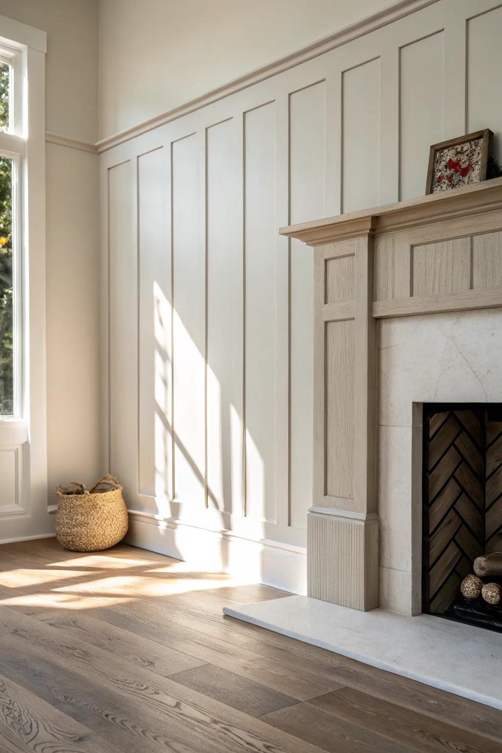 Soft neutral board-and-batten adds instant texture for a modern farmhouse fireplace wall.