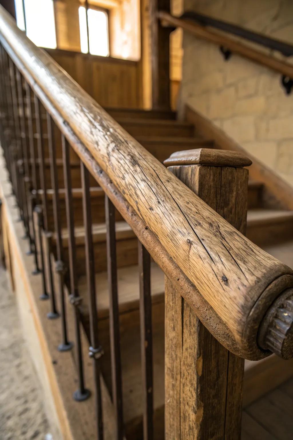 Elevate your space with the timeless charm of a rustic reclaimed wood handrail.