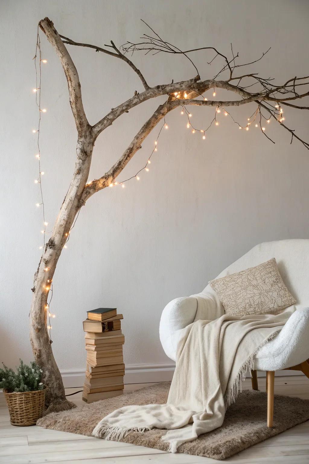 Illuminate your space with natural elegance: a cozy glow from a beautifully lit branch.