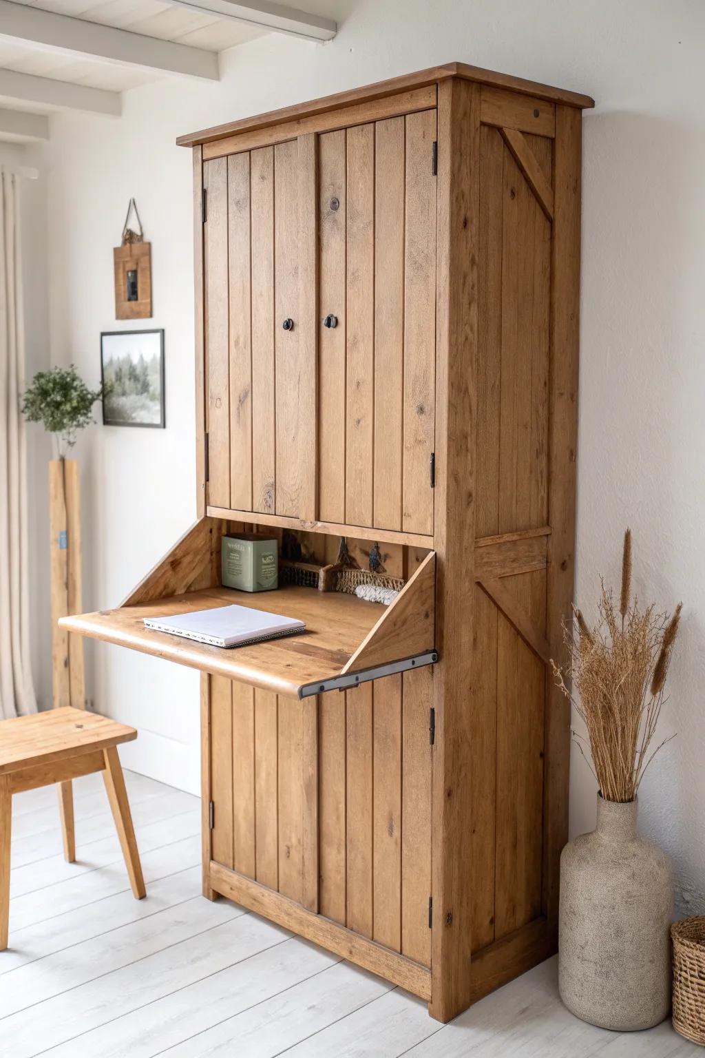 Farmhouse shiplap-front Murphy desk with warm imperfect stain—cozy, minimal, handcrafted charm.