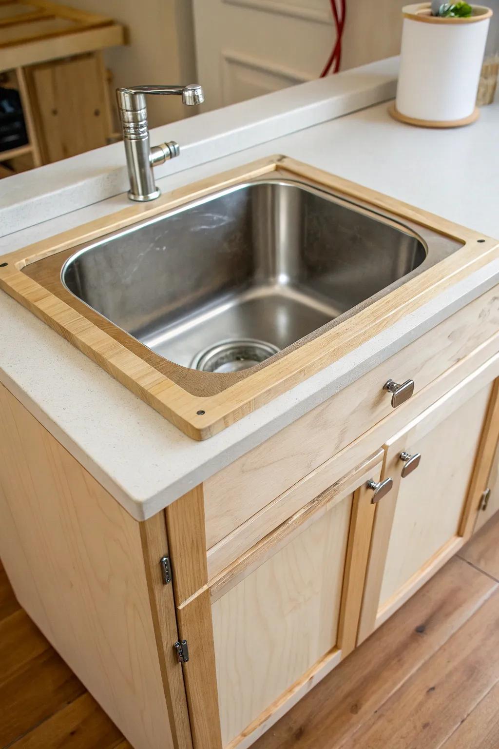 Farmhouse-style DIY play kitchen sink—lift-out metal bowl for easy “dishwashing” cleanup.