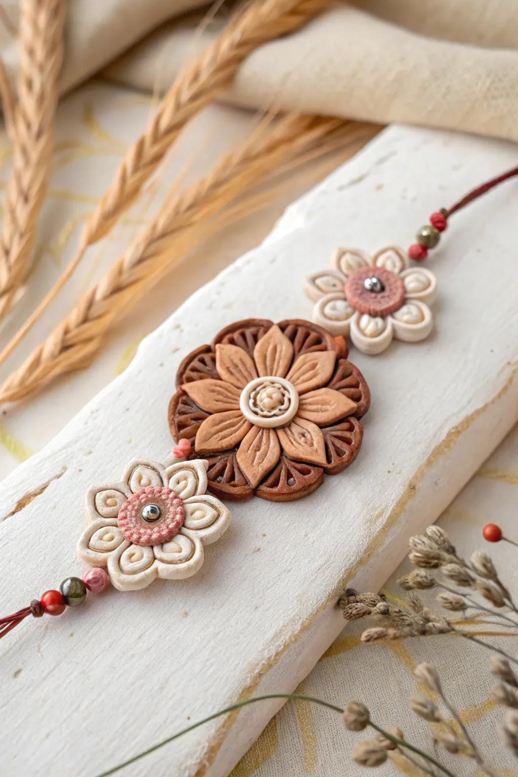 Embrace the art of simplicity with these exquisite floral clay rakhi designs, where nostalgia meets fresh elegance.
