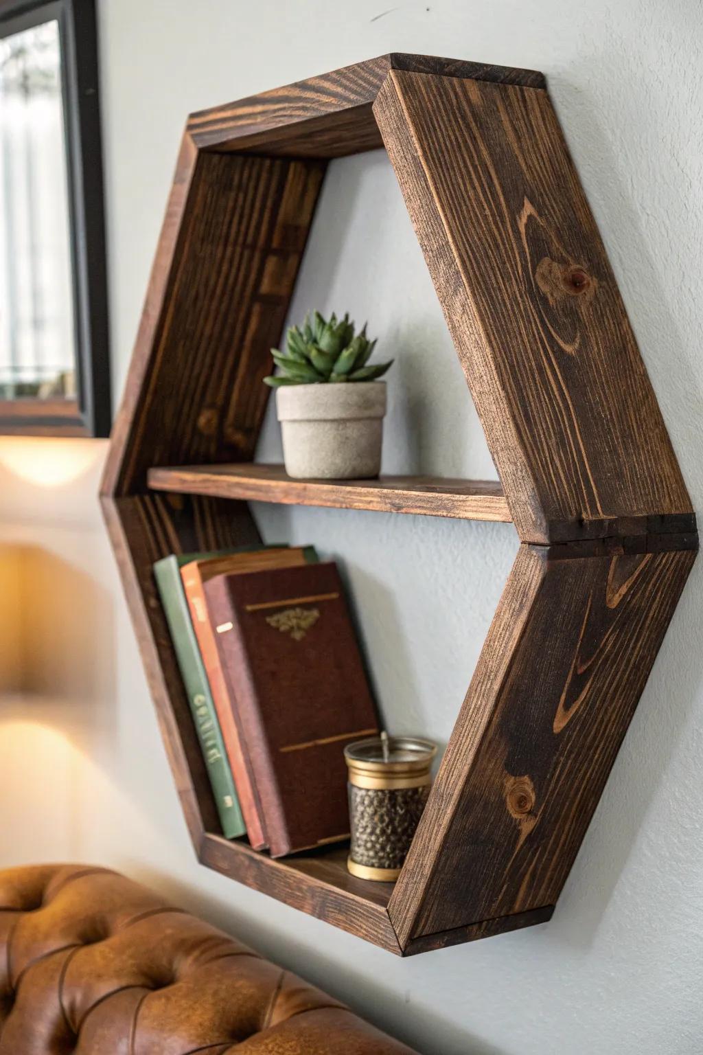Elevate your space with the geometric charm of handcrafted hexagon shelves.