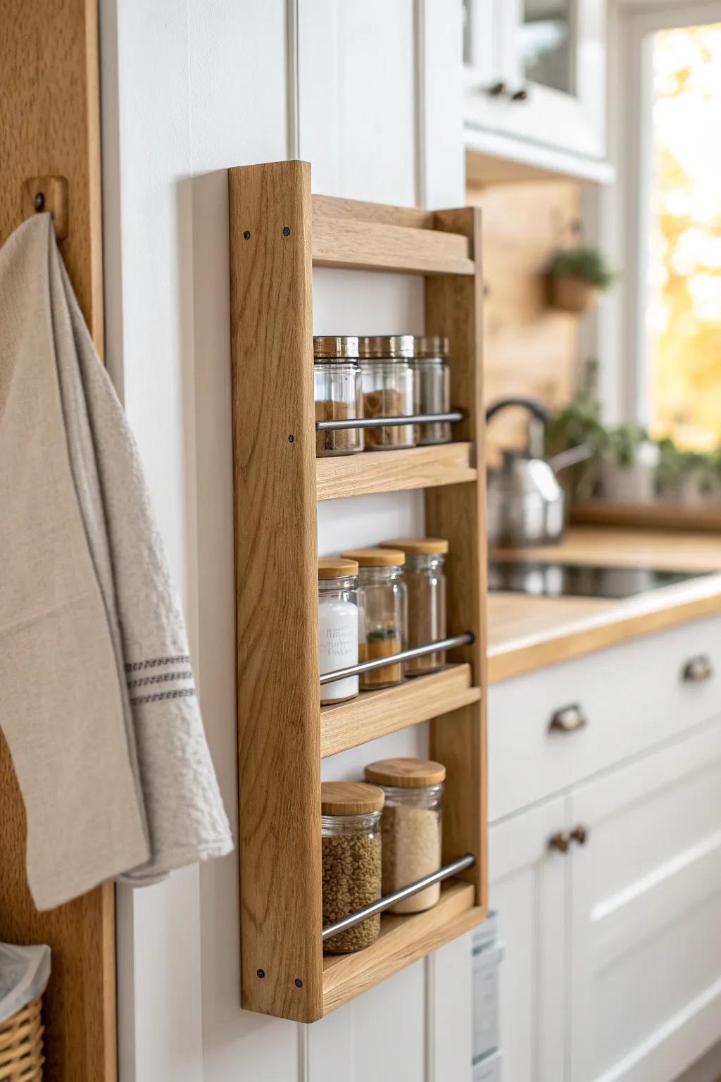 Slim cabinet-door spice rack in light oak—space-saving, minimal, and beautifully handcrafted.