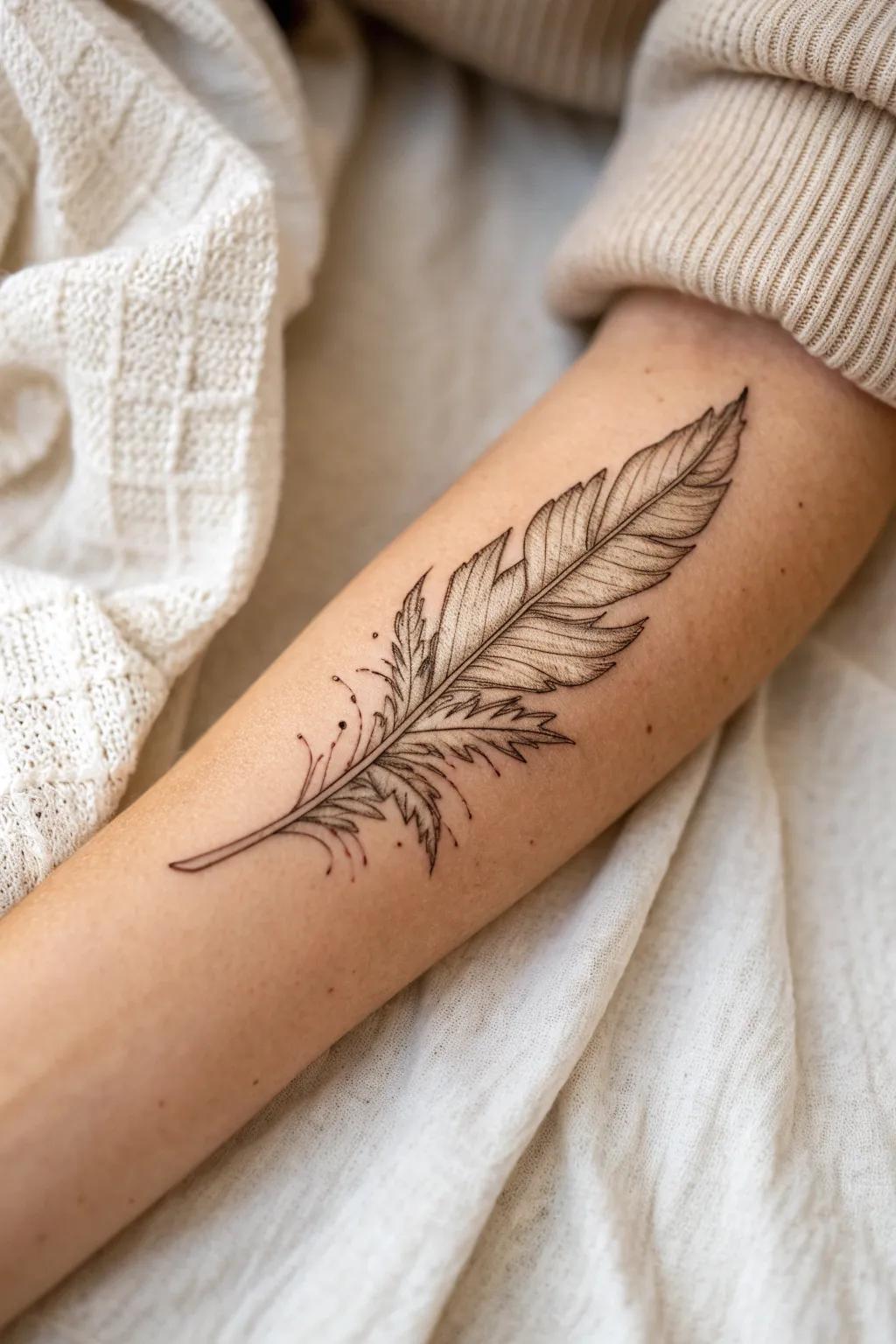 Embrace nature's elegance with a minimalist leaf tattoo, a perfect blend of simplicity and beauty. 🍃 #NatureInspired #MinimalistTattoo