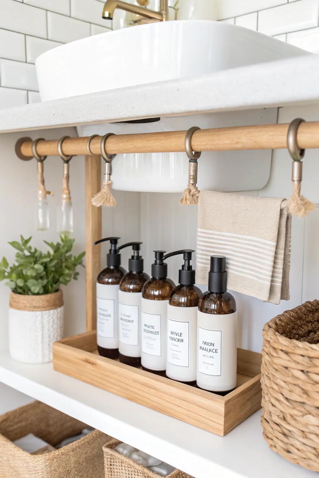 Elevate your under-sink storage with a stylish tension rod setup! 🌿✨ #MinimalistMagic #BohoVibes