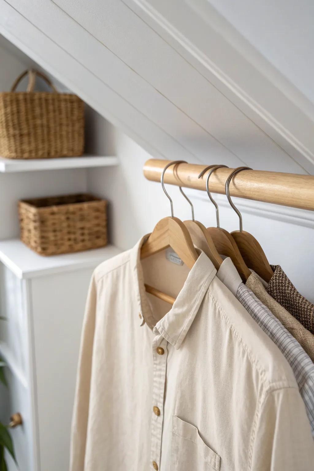Push the closet rod forward to save your dormer slope—and hide eaves bins behind.