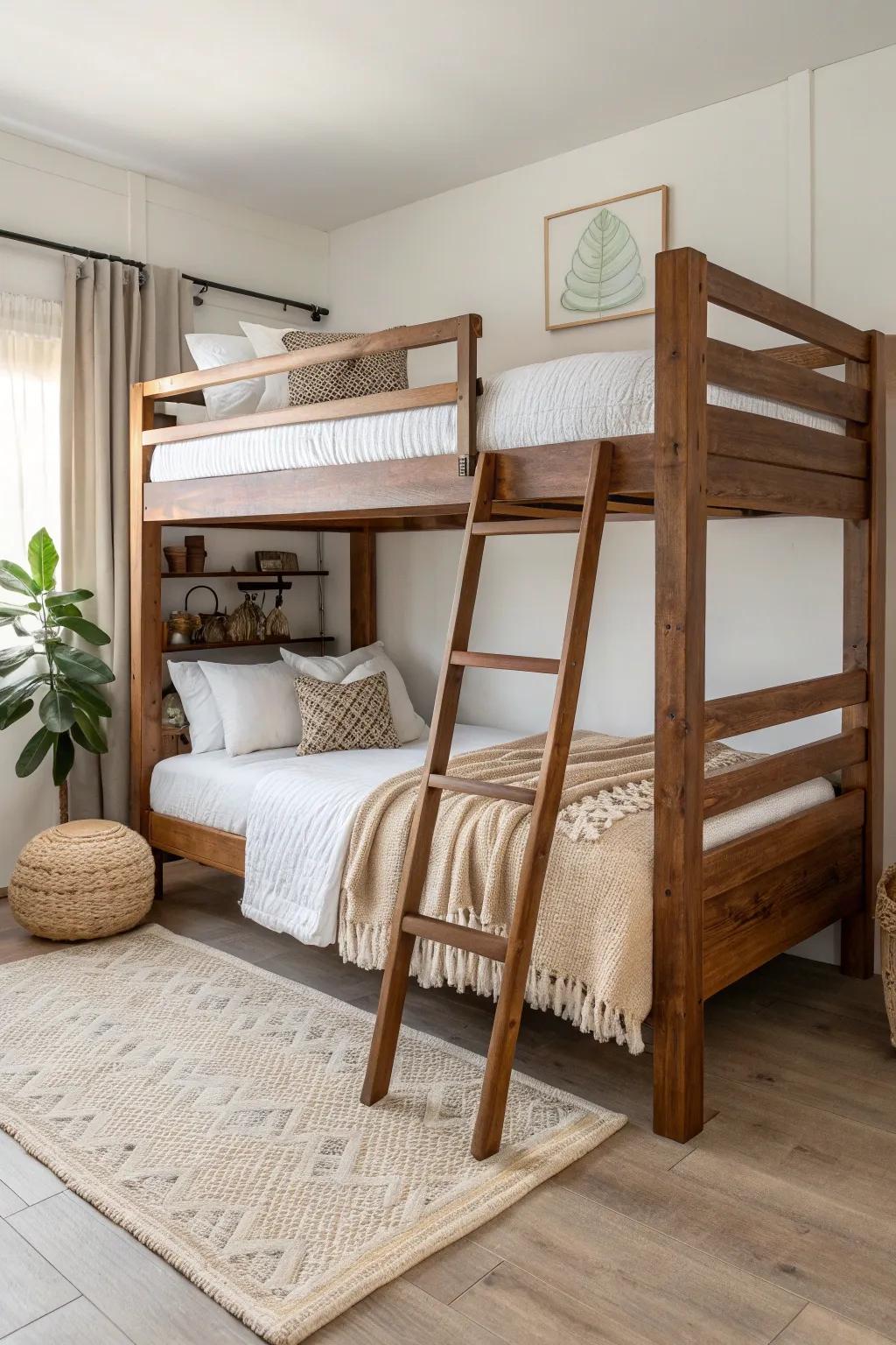 Full-over-full bunk with chunky rails and deep stain—adult-ready, cozy, and beautifully crafted.