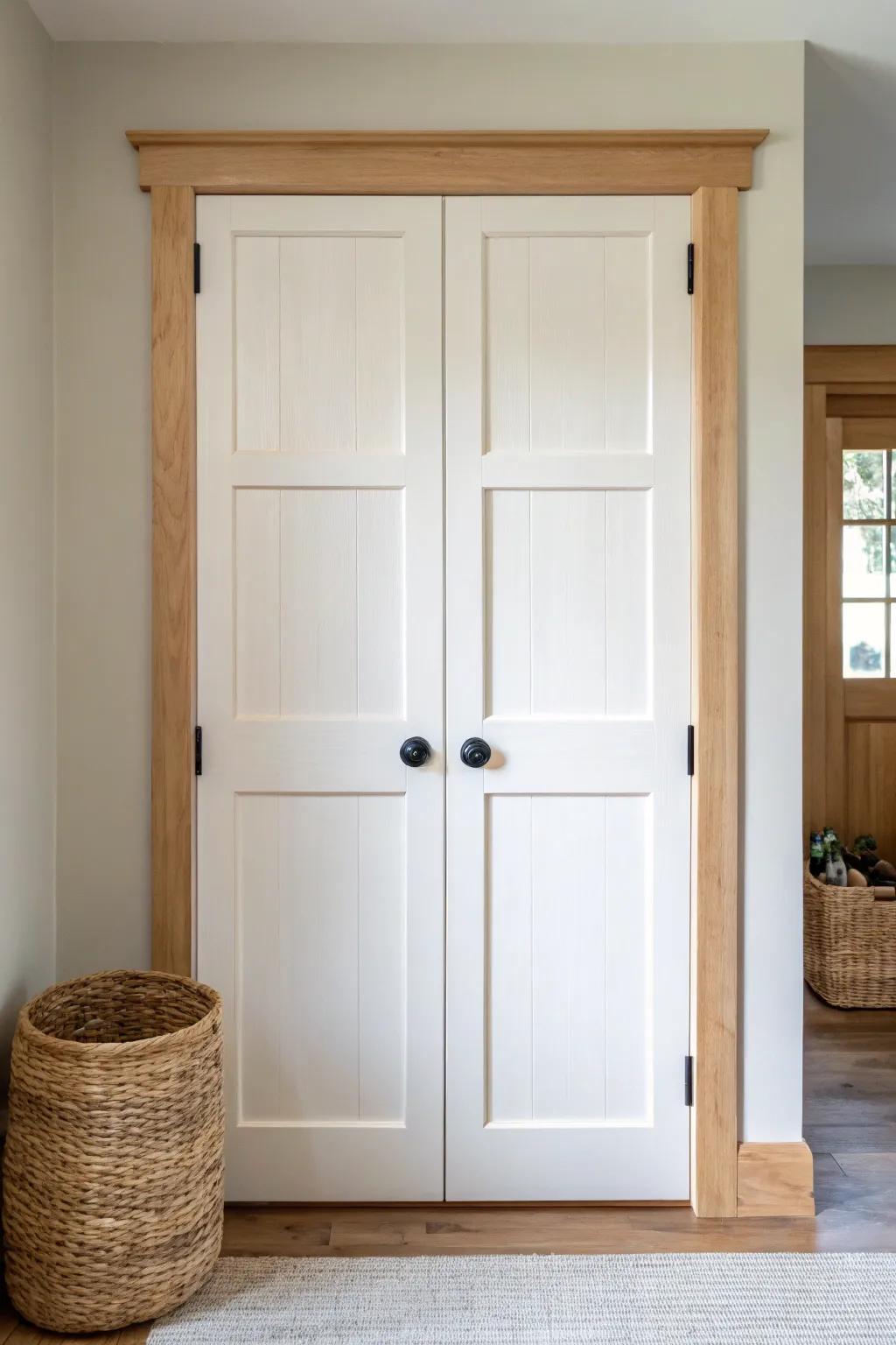 Timeless Shaker double pantry doors—clean lines, warm wood trim, and cozy minimalist charm.