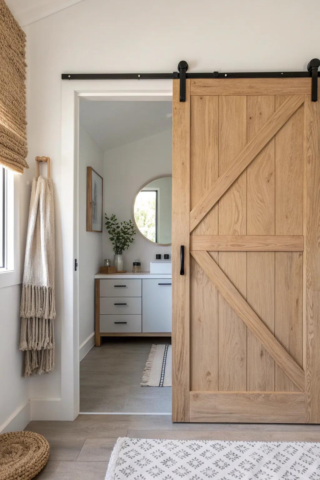A light oak barn door creates a private guest suite vibe—with an ensuite tucked neatly behind.