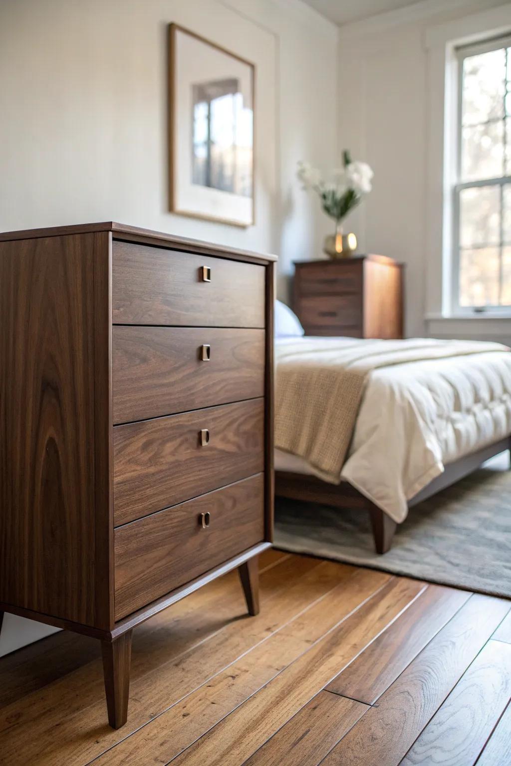 A dark walnut dresser at the foot of the bed adds bold contrast to soft, creamy bedding.