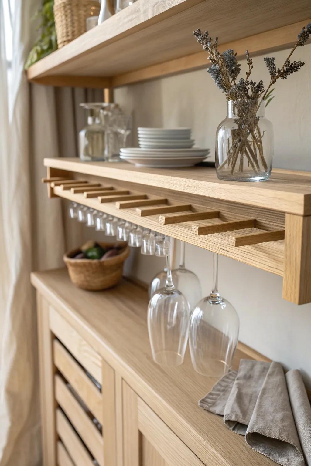 Under-shelf stemware rack in light oak—test-fit your biggest glass for a custom dresser bar look.