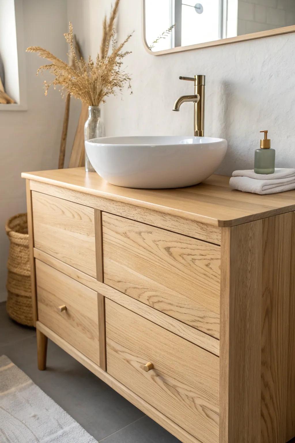 Vessel sink vanity: keep your top drawers usable while adding a custom oak dresser look.