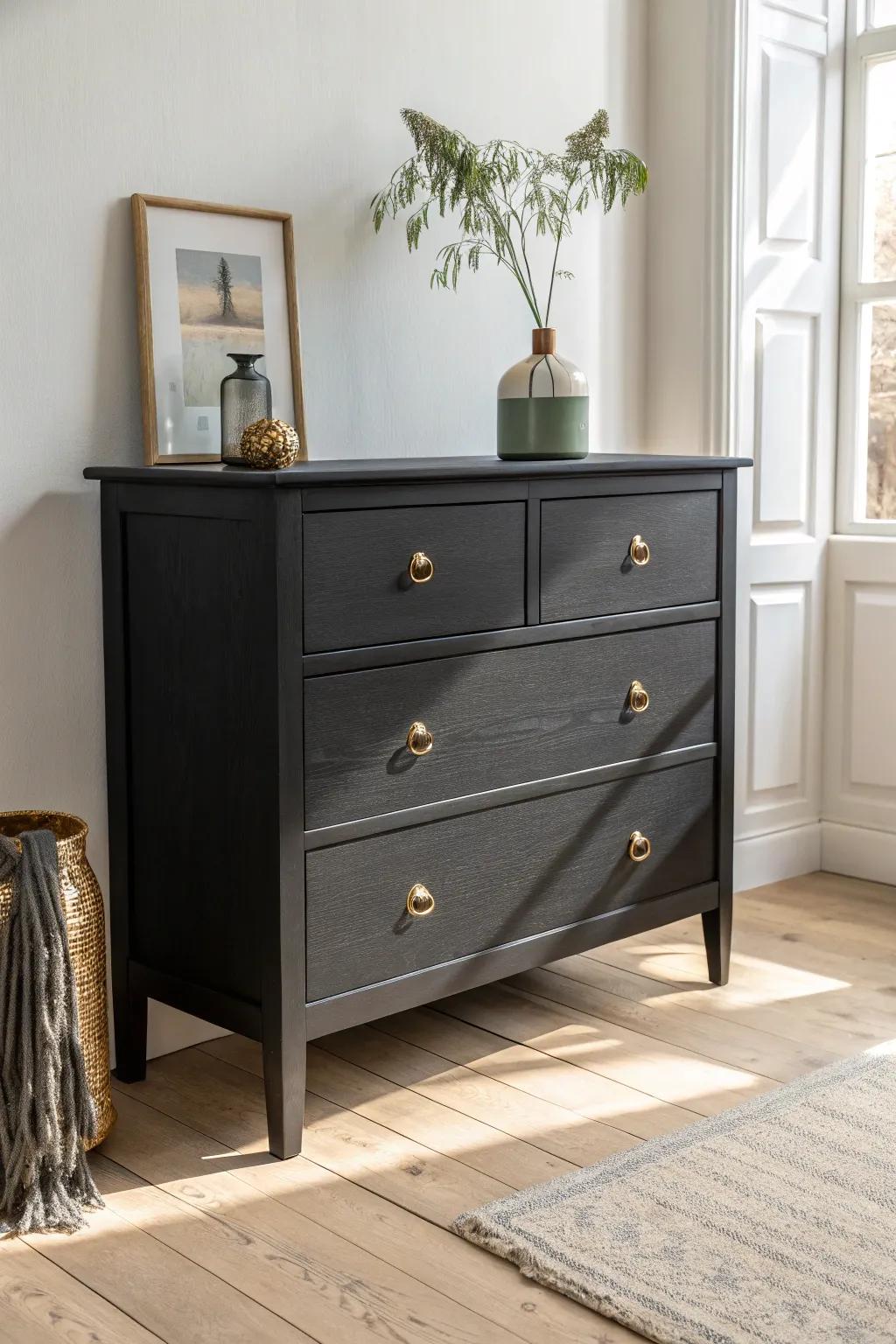 Matte black transforms any dresser into modern drama—sleek, forgiving, and hardware-forward.