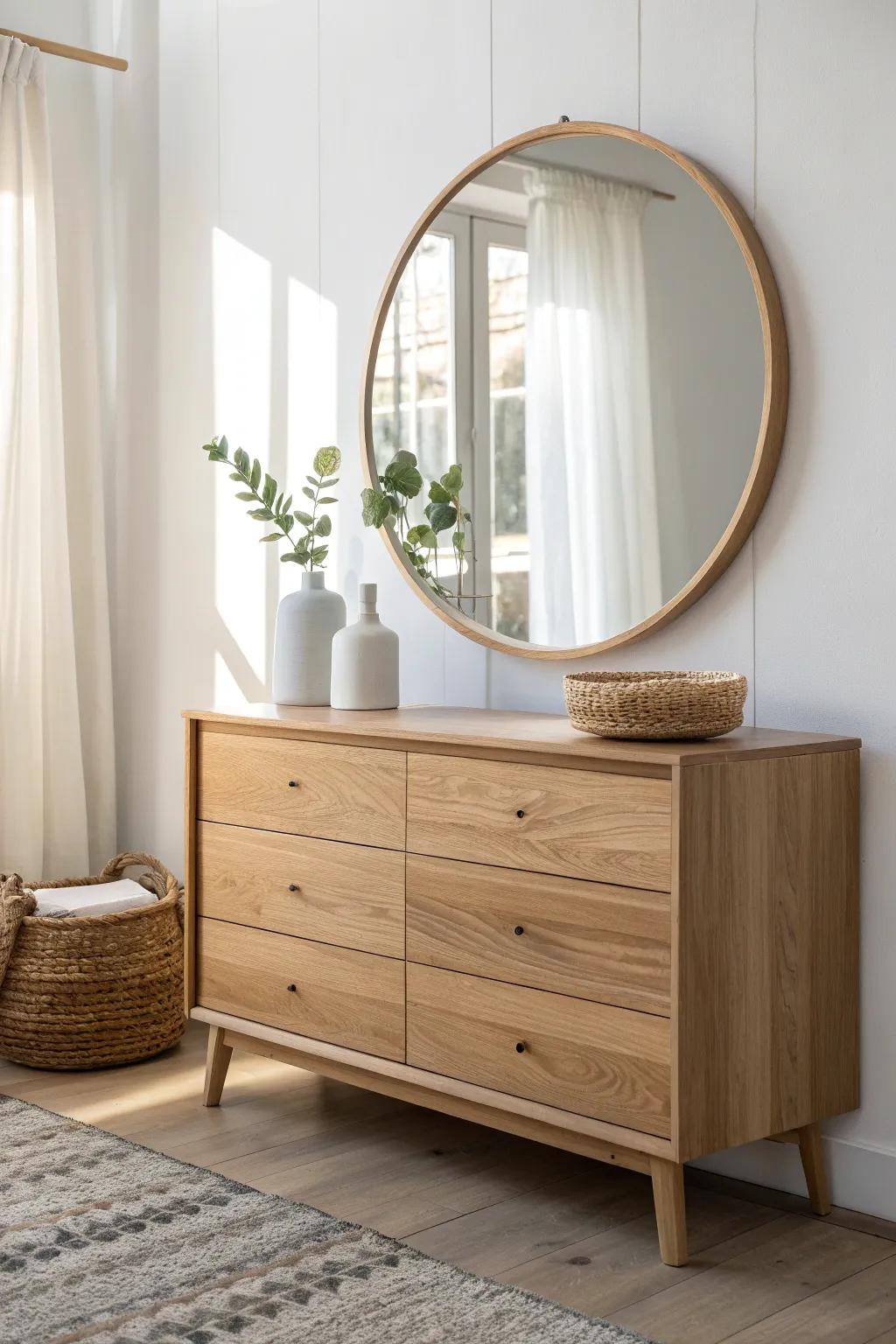 A big round mirror above a warm oak dresser—easy light, height, and instant dining charm.