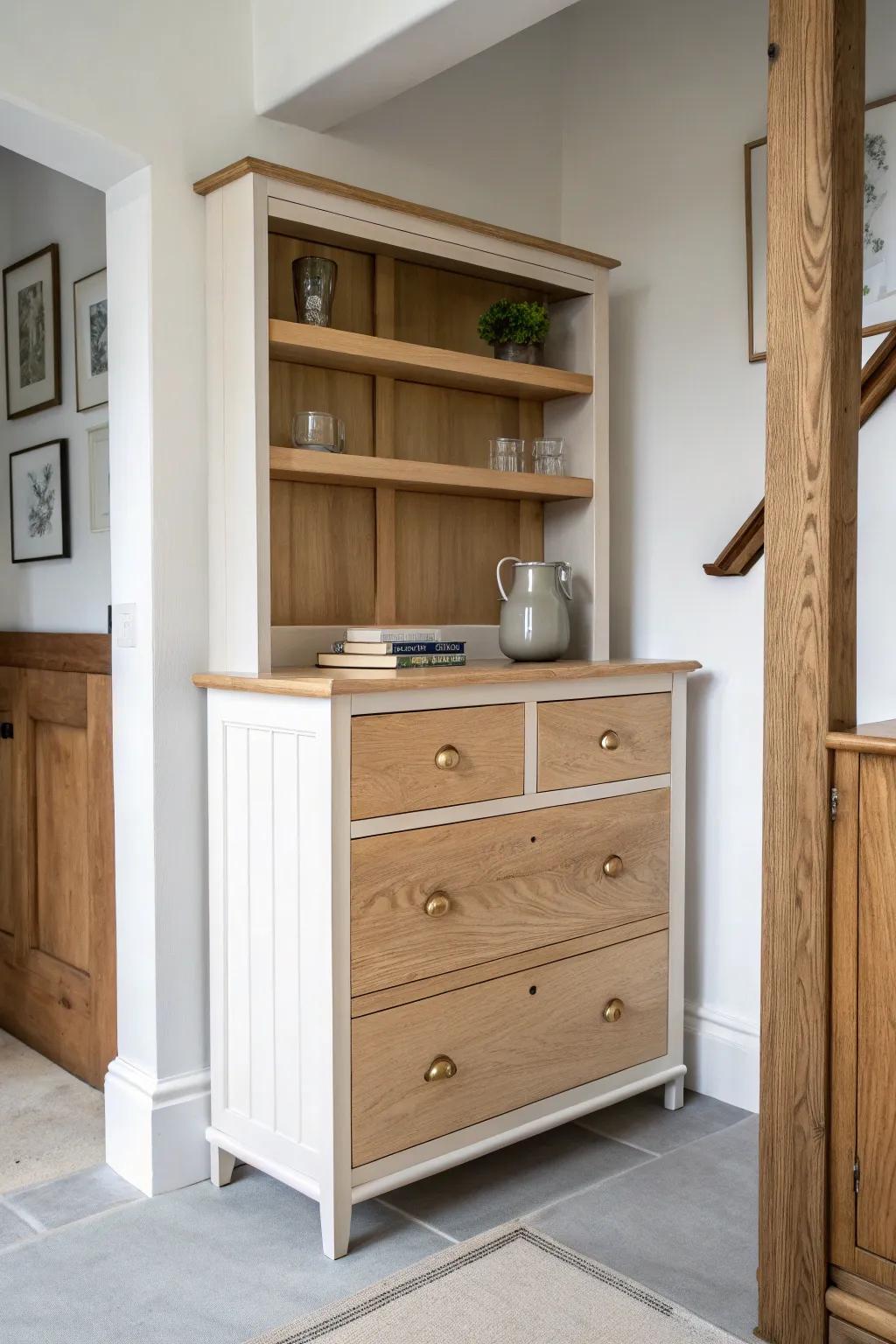 A kitchen alcove made intentional: a wood dresser trimmed in for a built-in look with warm, minimal charm.