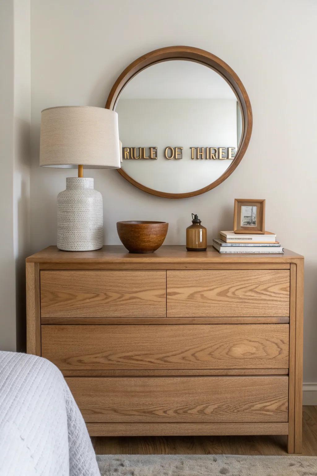 The easy rule of three: lamp, books, and a wooden bowl—effortless dresser styling.