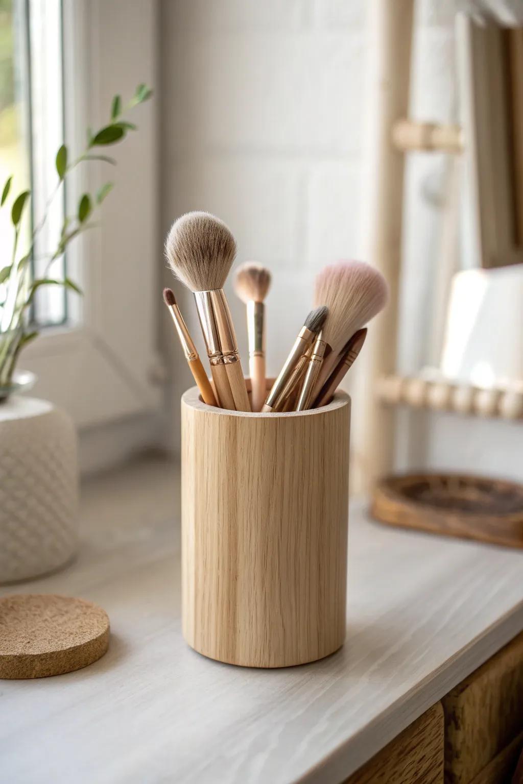 A handmade wooden brush cup turns everyday tools into chic, balanced dressing table decor.