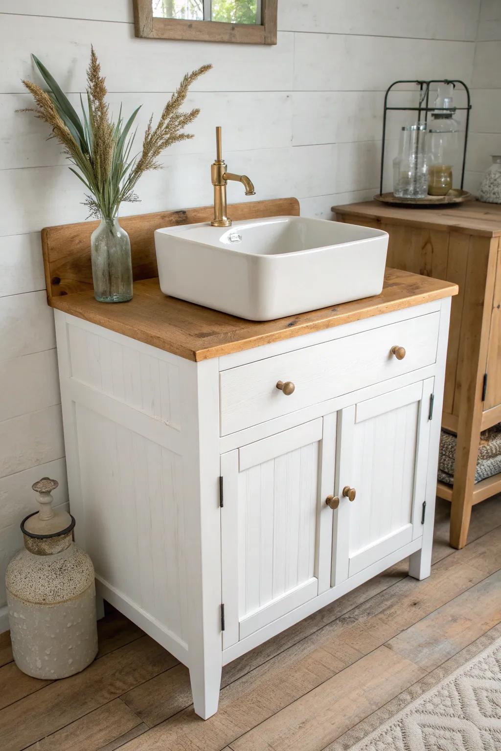 Crisp white farmhouse dry sink bar with softly worn edges and warm wood grain detail.