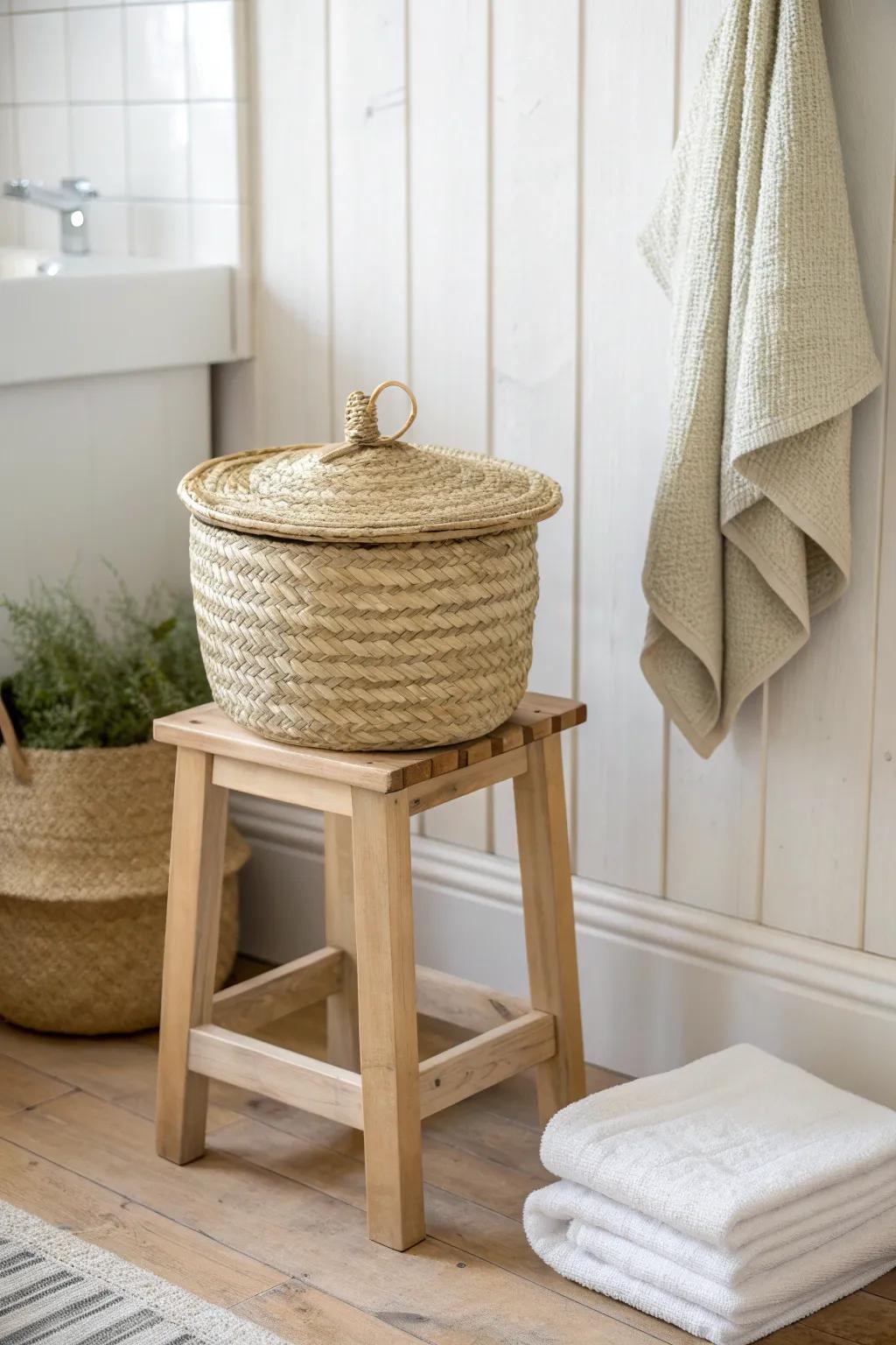 Woven seagrass basket storage—earthy texture that hides bathroom clutter beautifully.