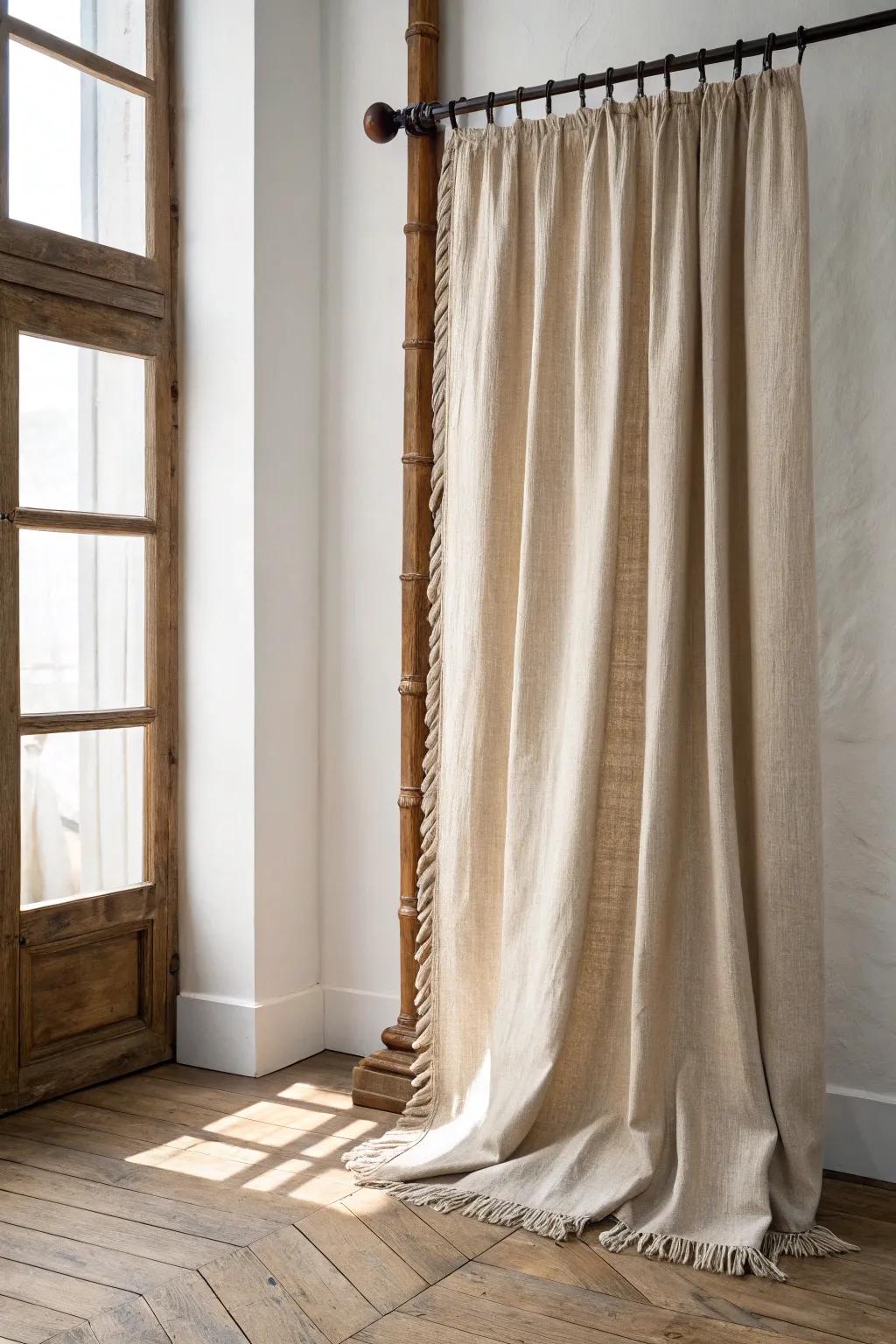 Swap in oatmeal linen curtains and a sandy cotton throw for an easy, earthy, lived‑in feel.