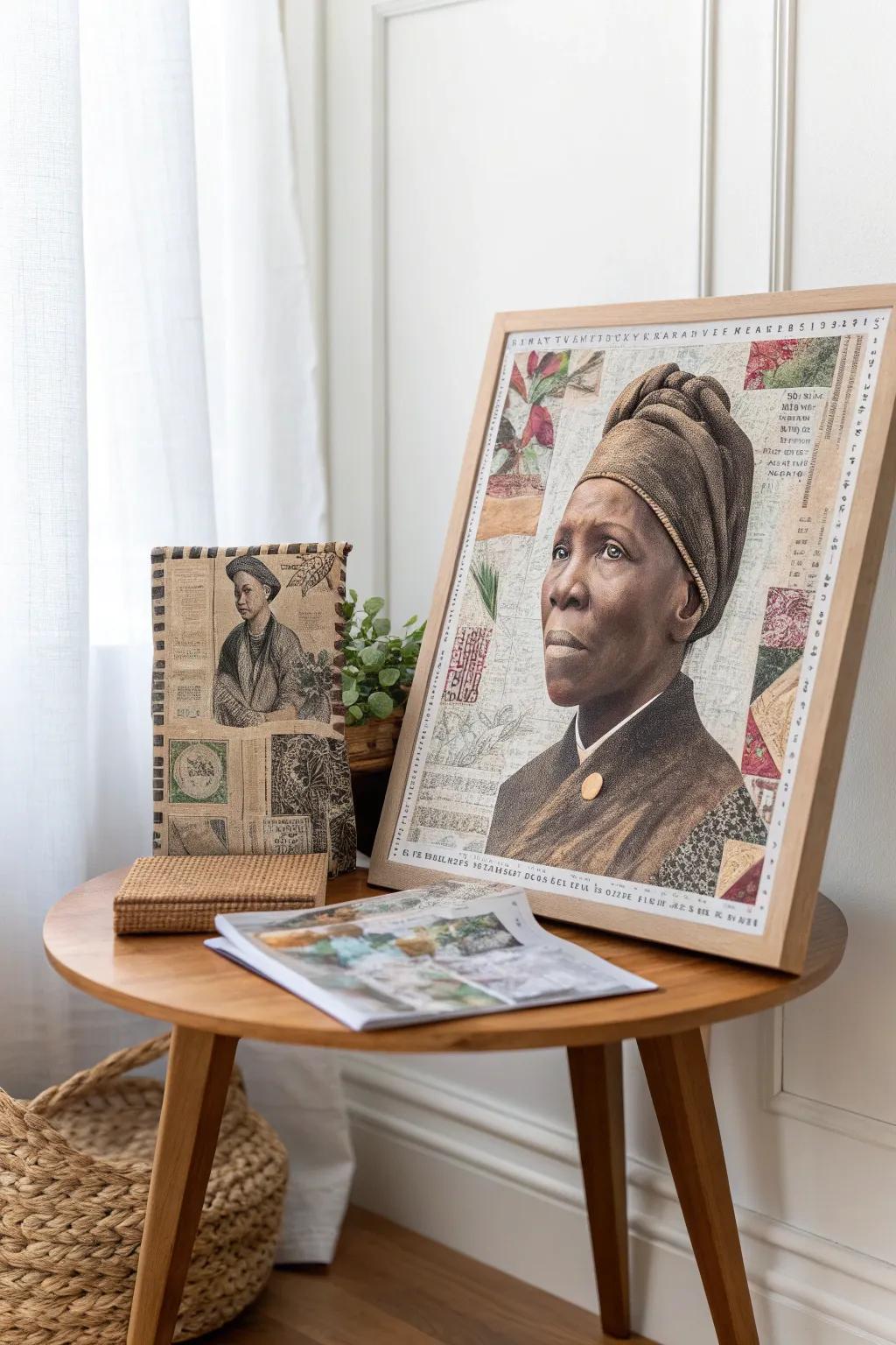 Celebrate history with art: A tribute to Harriet Tubman crafted from fabric and clippings.