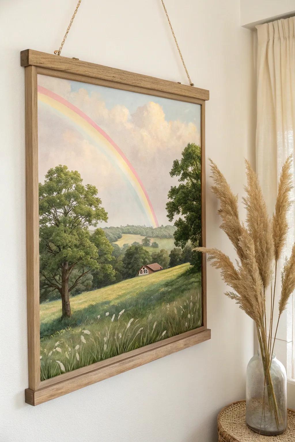 Embrace tranquility with this minimalist rainbow landscape, a perfect blend of simplicity and natural charm.