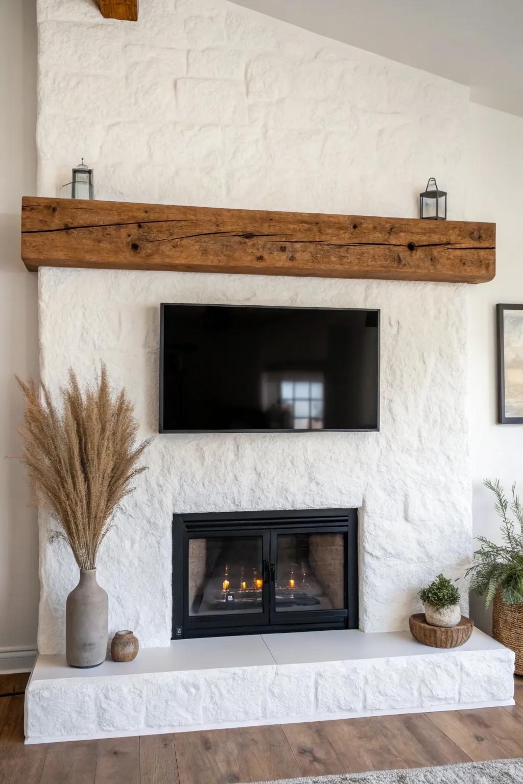 Chunky reclaimed-wood floating mantel beam that instantly grounds an electric fireplace accent wall.
